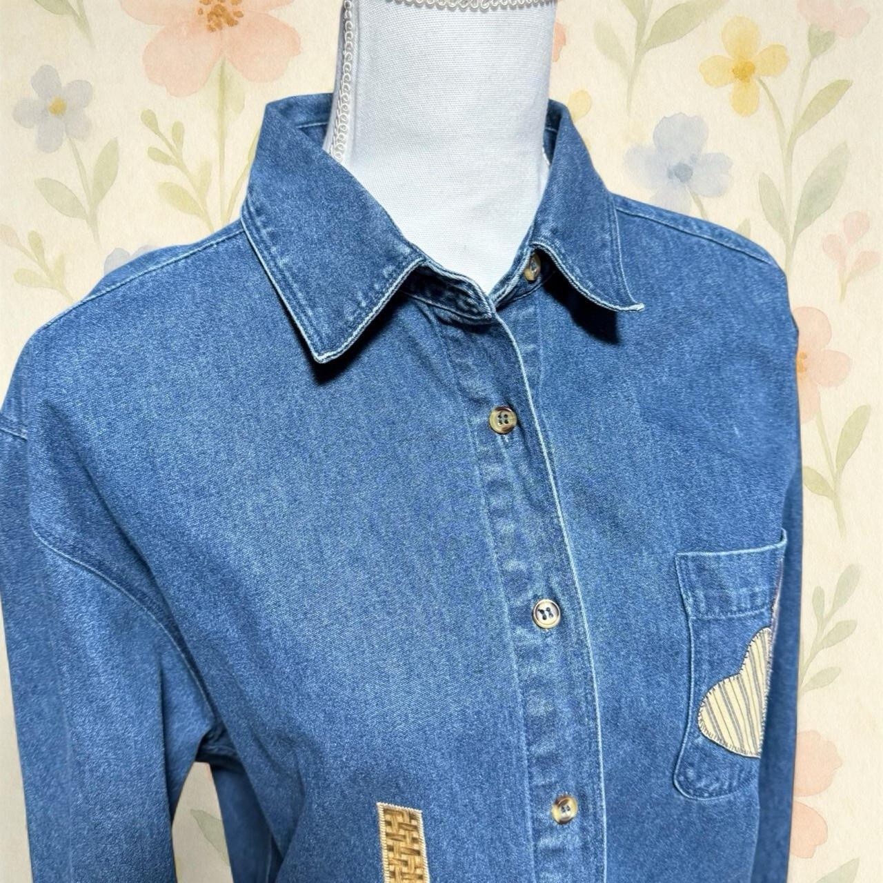 Vintage Teddy Bear Applique Denim Button Up Shirt Cottagecore Picnic Top Med