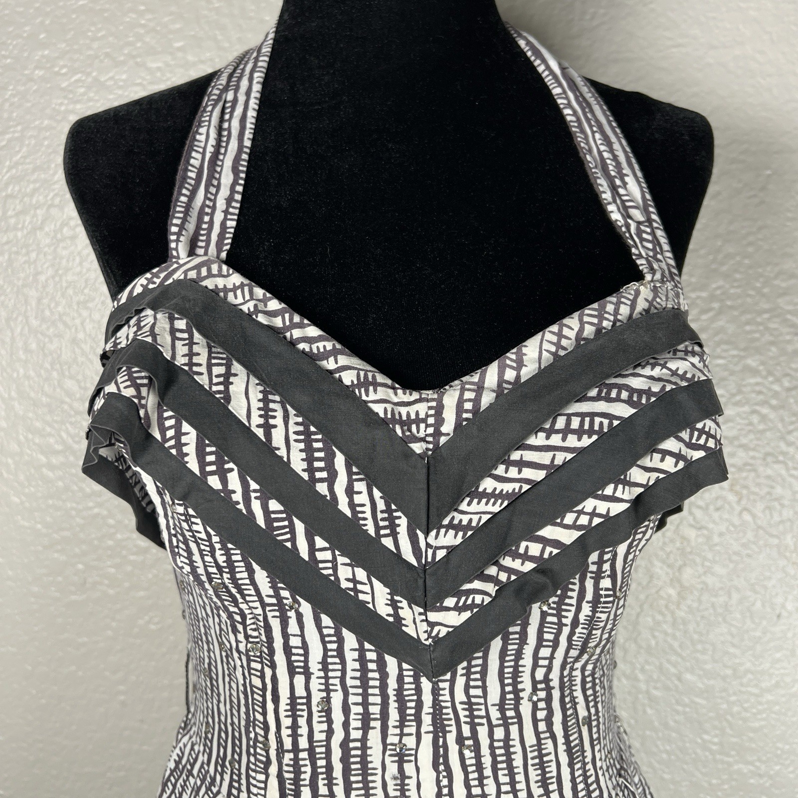 Vintage 1950s Sz 2P Black & White Full Skirt Halter Party Dress Rockabilly+Vest
