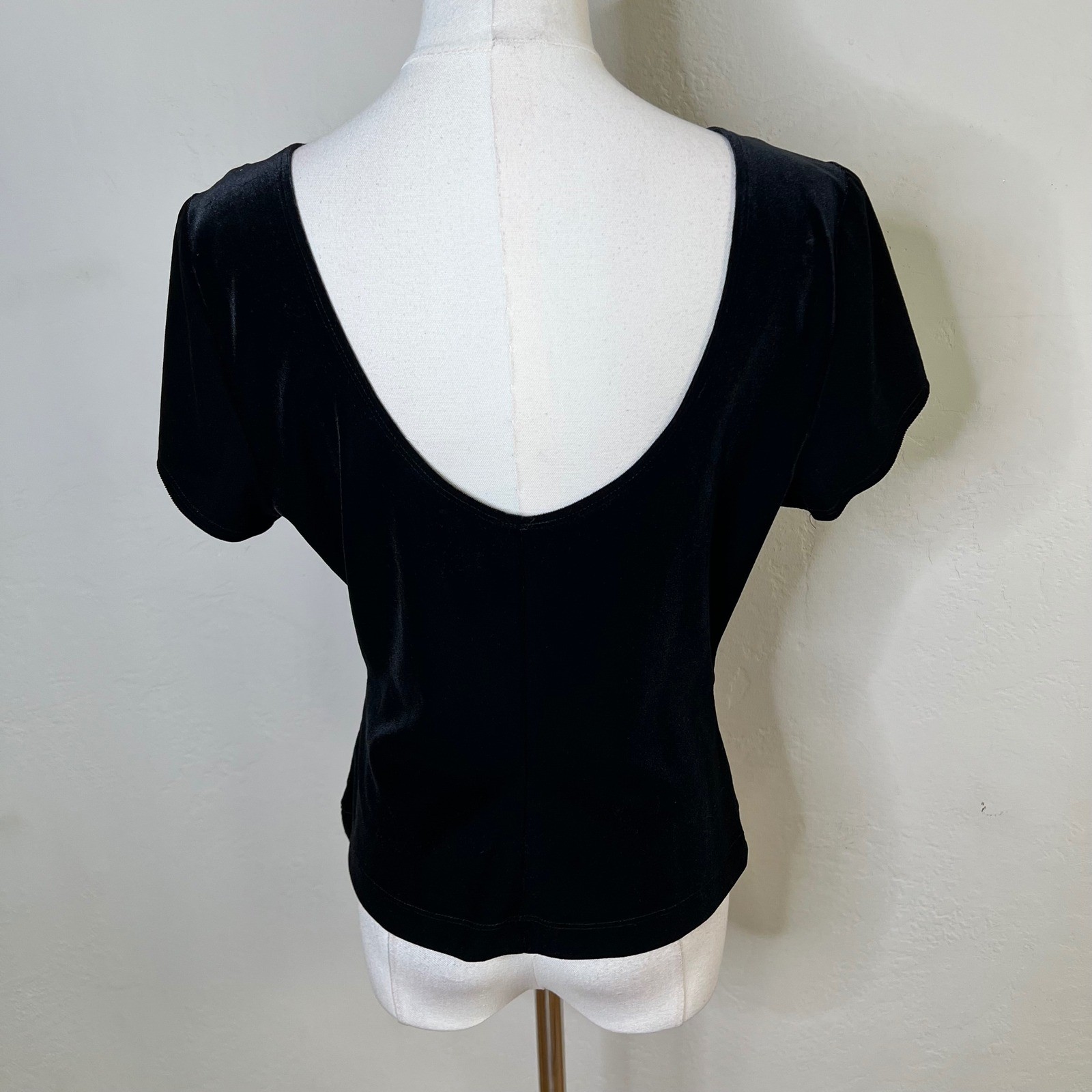 JR Nites by Caliendo Black Velvet Beaded Floral Top Vintage 90s Scoop Back Large
