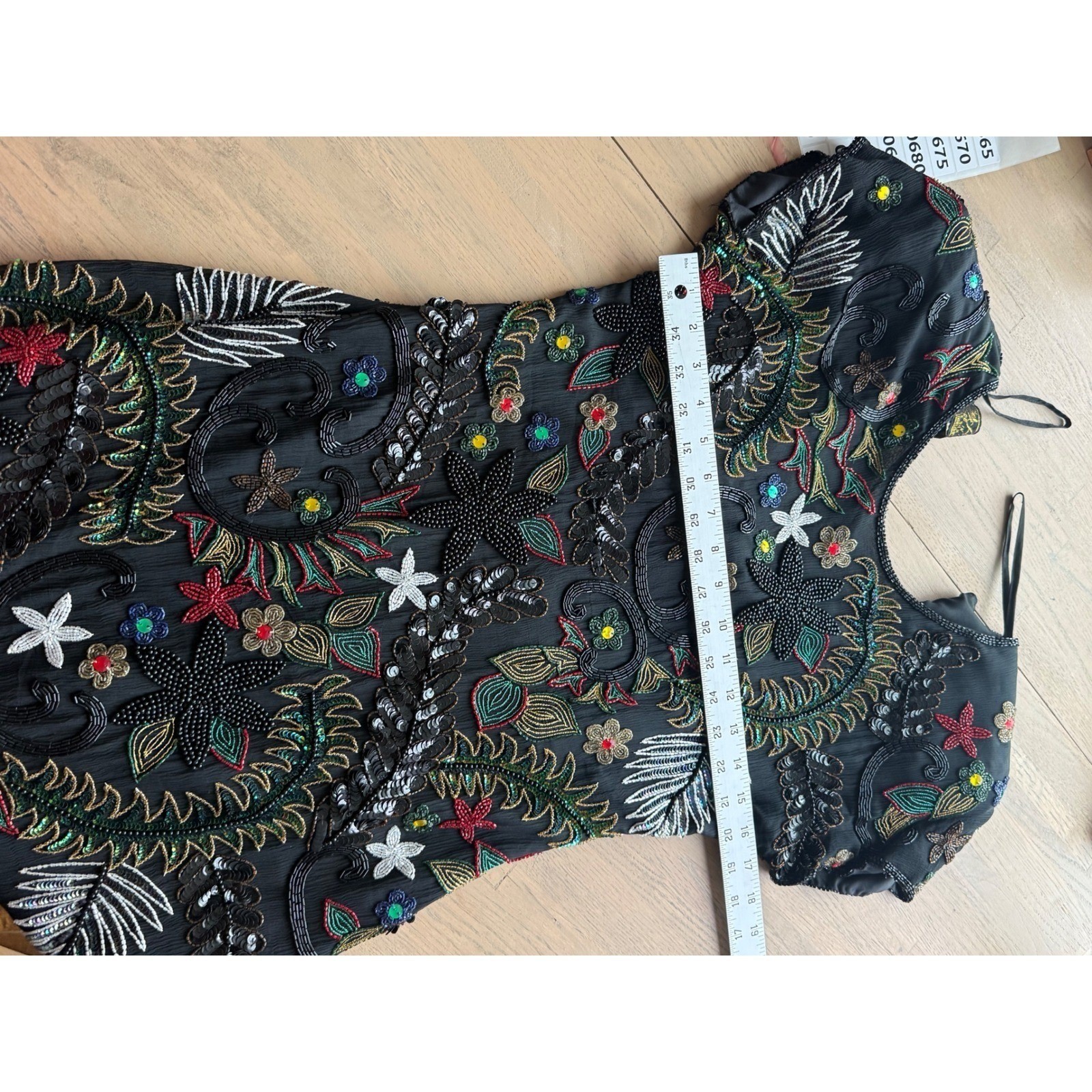Pure Allure whimsical fairy Vintage Beaded Silk Mini Dress Black Floral Sequin