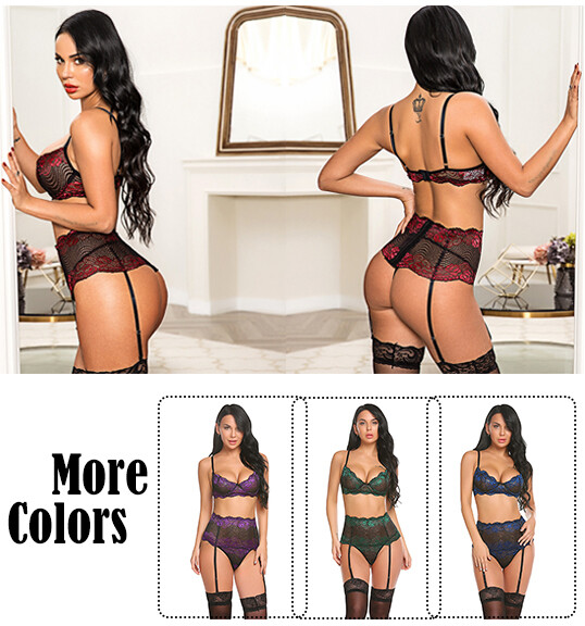 Women’s Lingerie Sets with Garter Belt 3 Piece Lace Teddy Babydoll Sexy Bodysuit