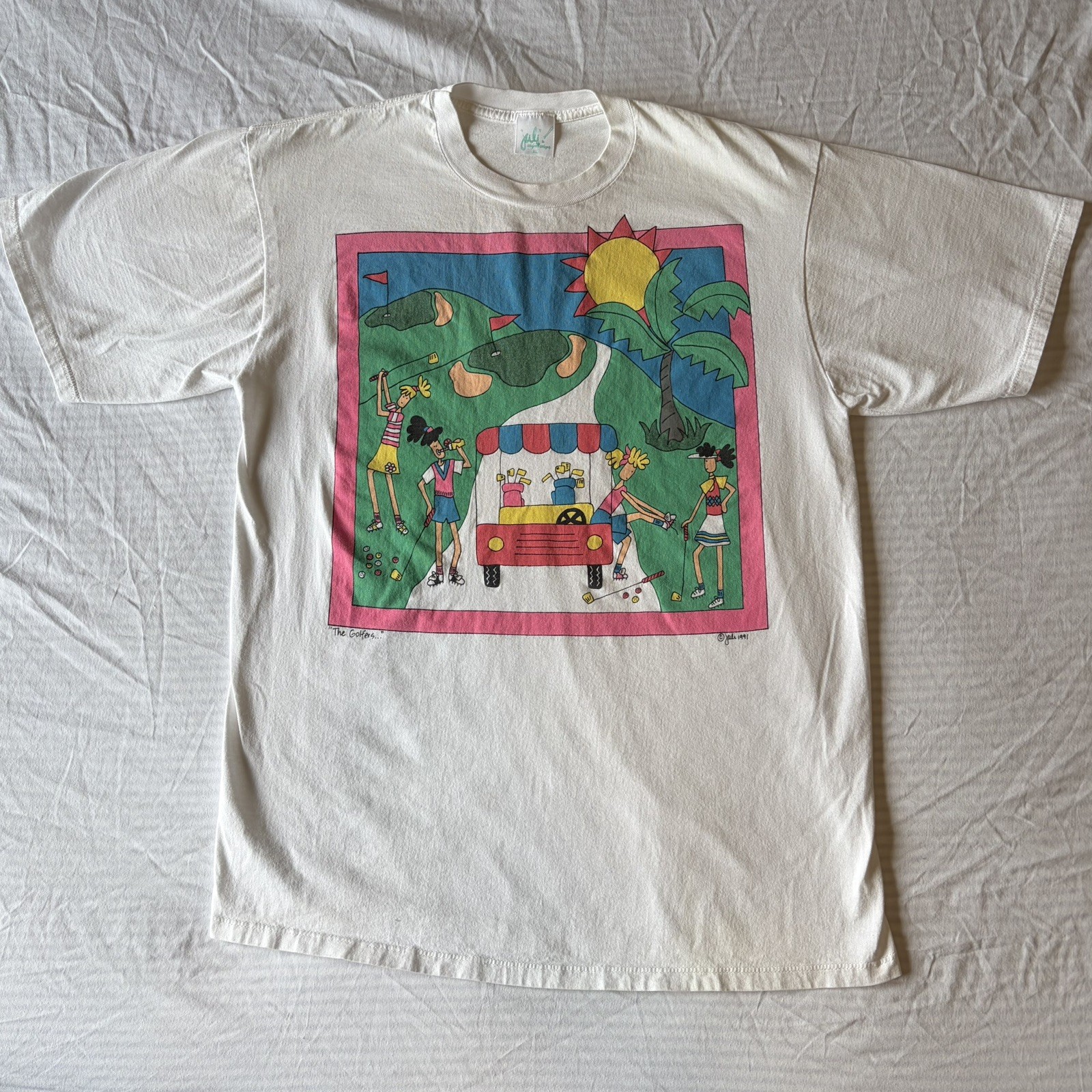 Vintage Juli White Cute Graphic Women’s Golf T Shirt „The Golfers” 90s XL vtg