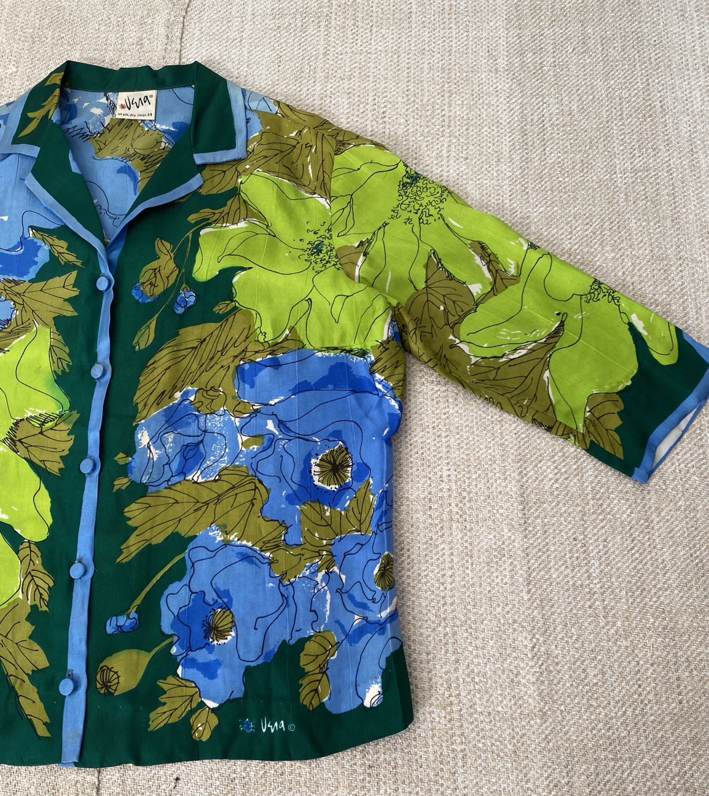 Vintage Silk Vera Neumann Blouse shirt 3/4 Sleeve Olive Blue Floral