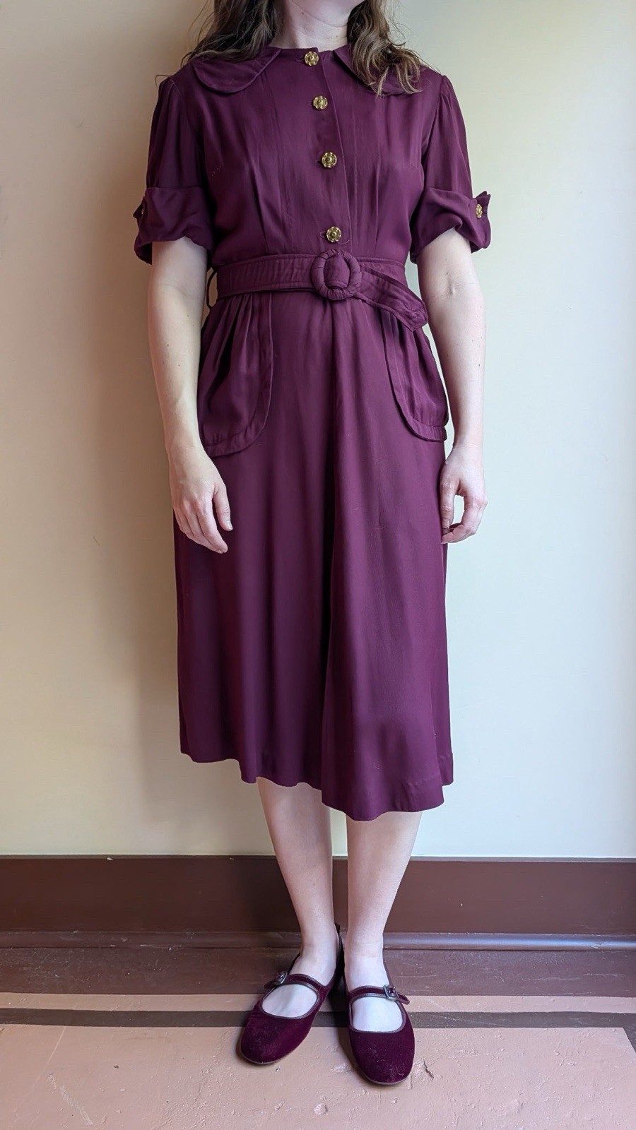 Vintage 1940s Purple Rayon Gabardine Dress Celluloid Zipper Peter Pan Collar S