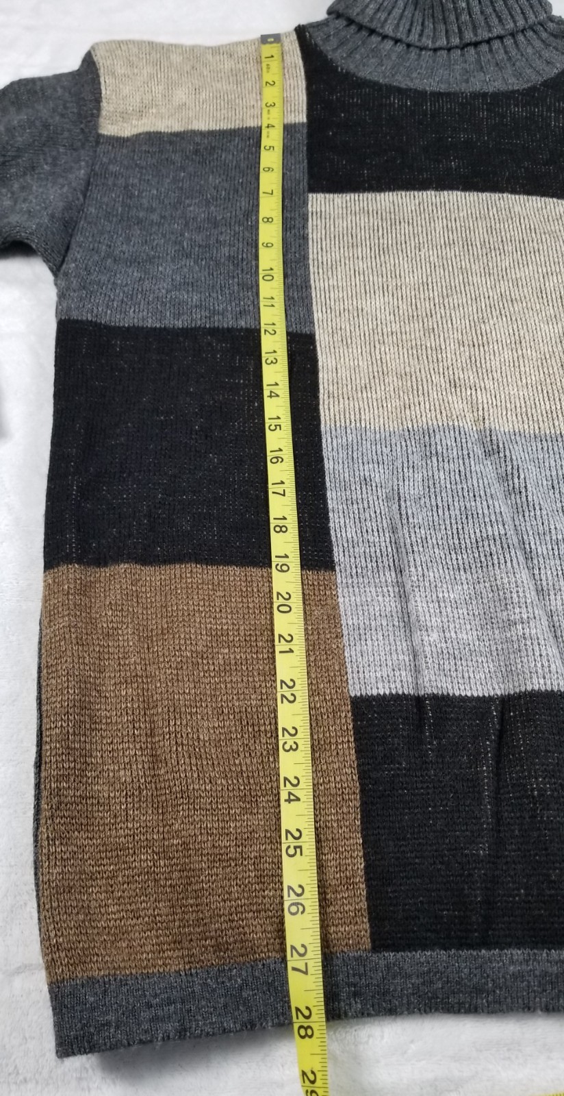 Vintage 80s Cos Cob Turtle Neck Sweater LARGE Colorblock Ribbed Knit Brown Multi