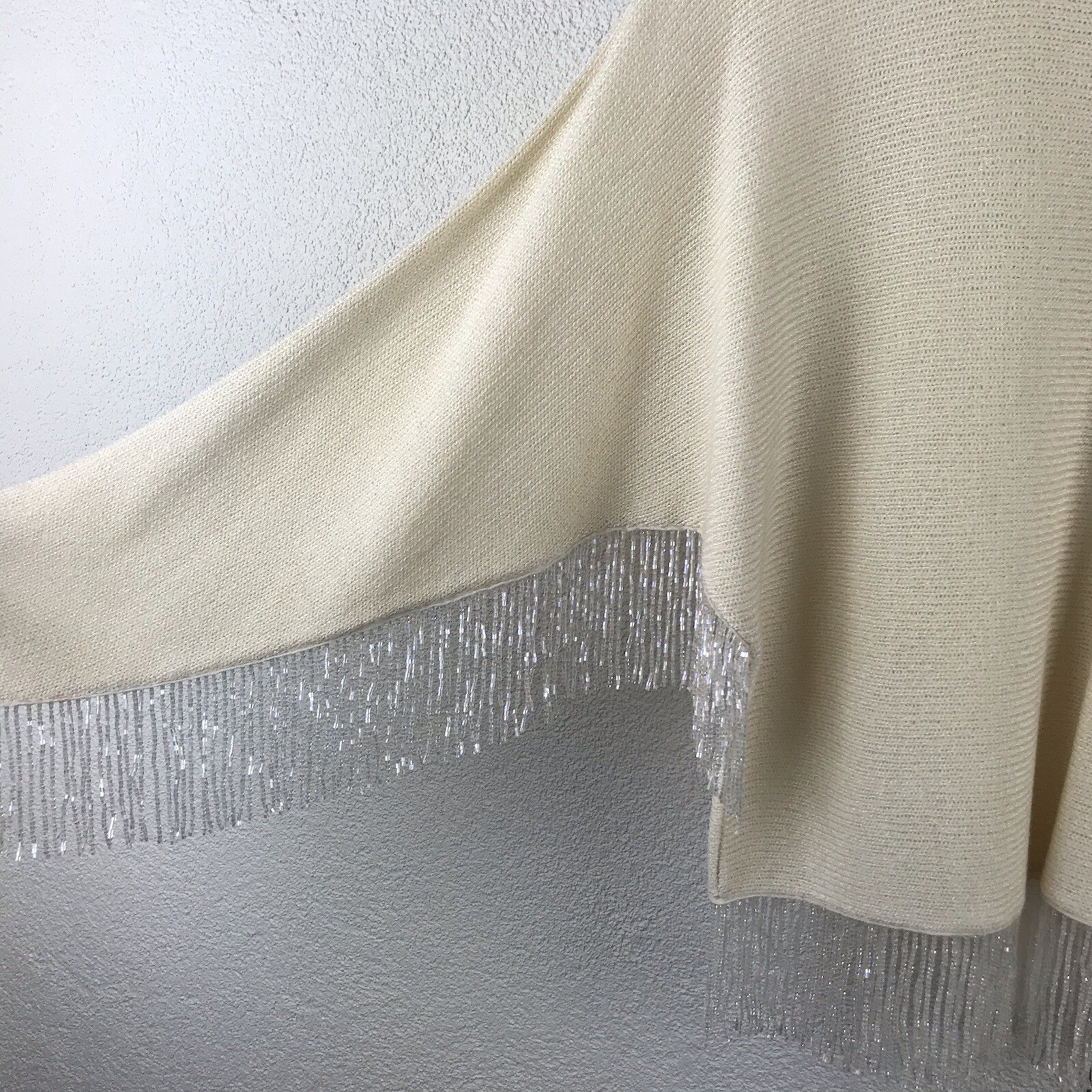 Vintage l 90s Helen HSU Santana Knit Dolman Iridescent Beads Fringe Crop Sweater