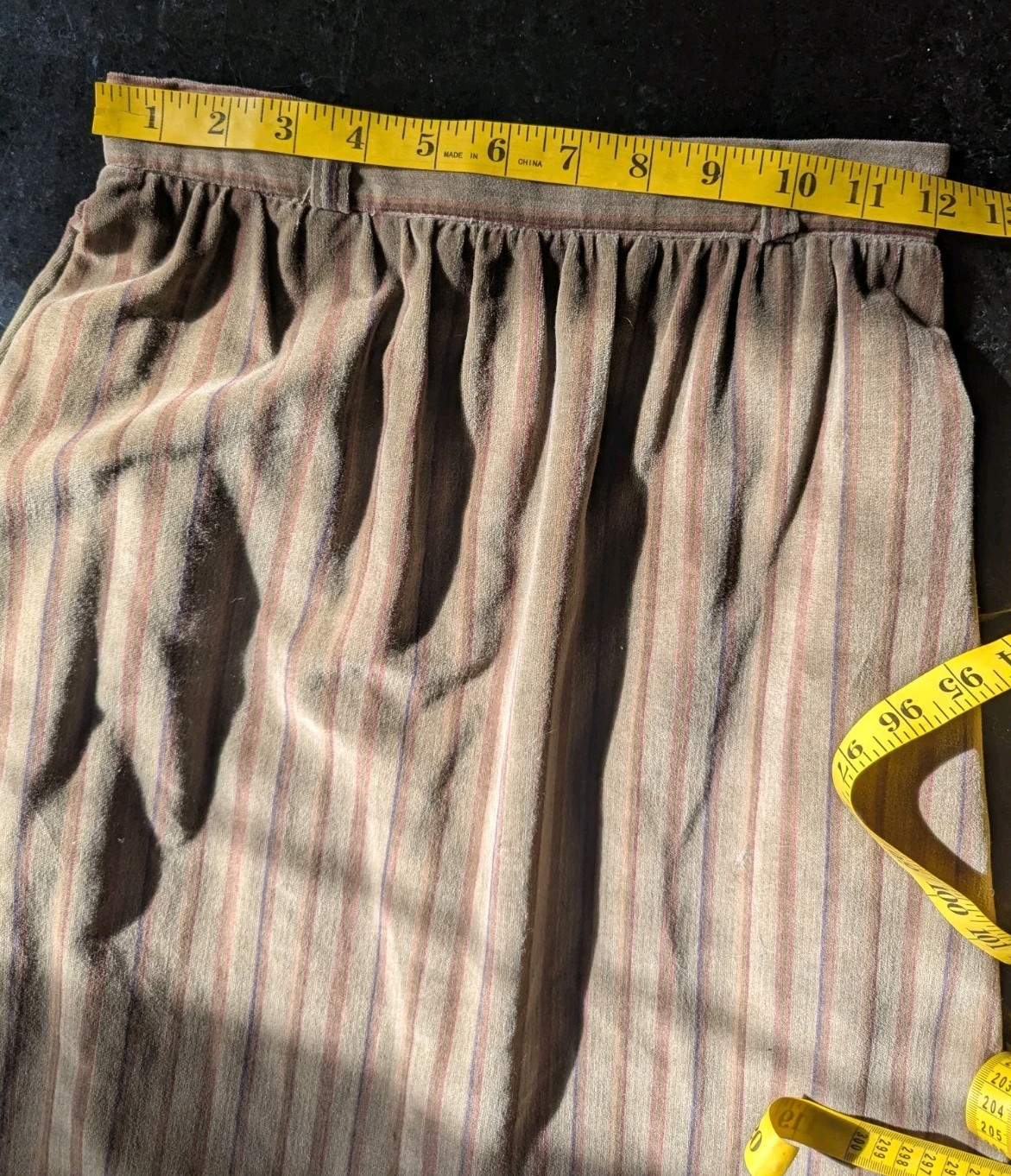 Vintage 1970s The Strawberry Plant Striped Velvet Midi Skirt w/Ruffled Hem XS
