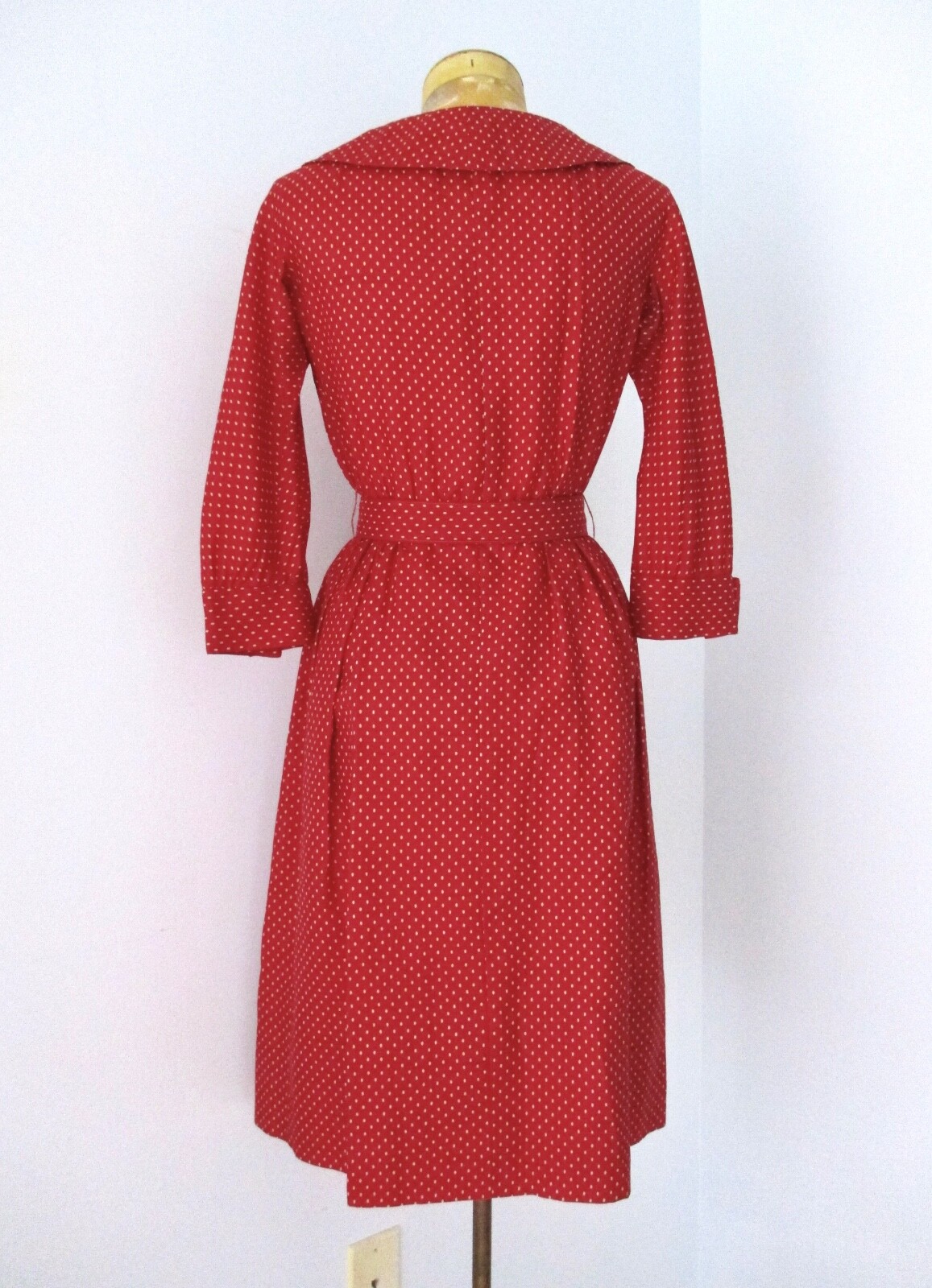 Vtg 50s Rockabilly Red Beige Dots Silk Swing Button Dress Bow Buckle Belt 8