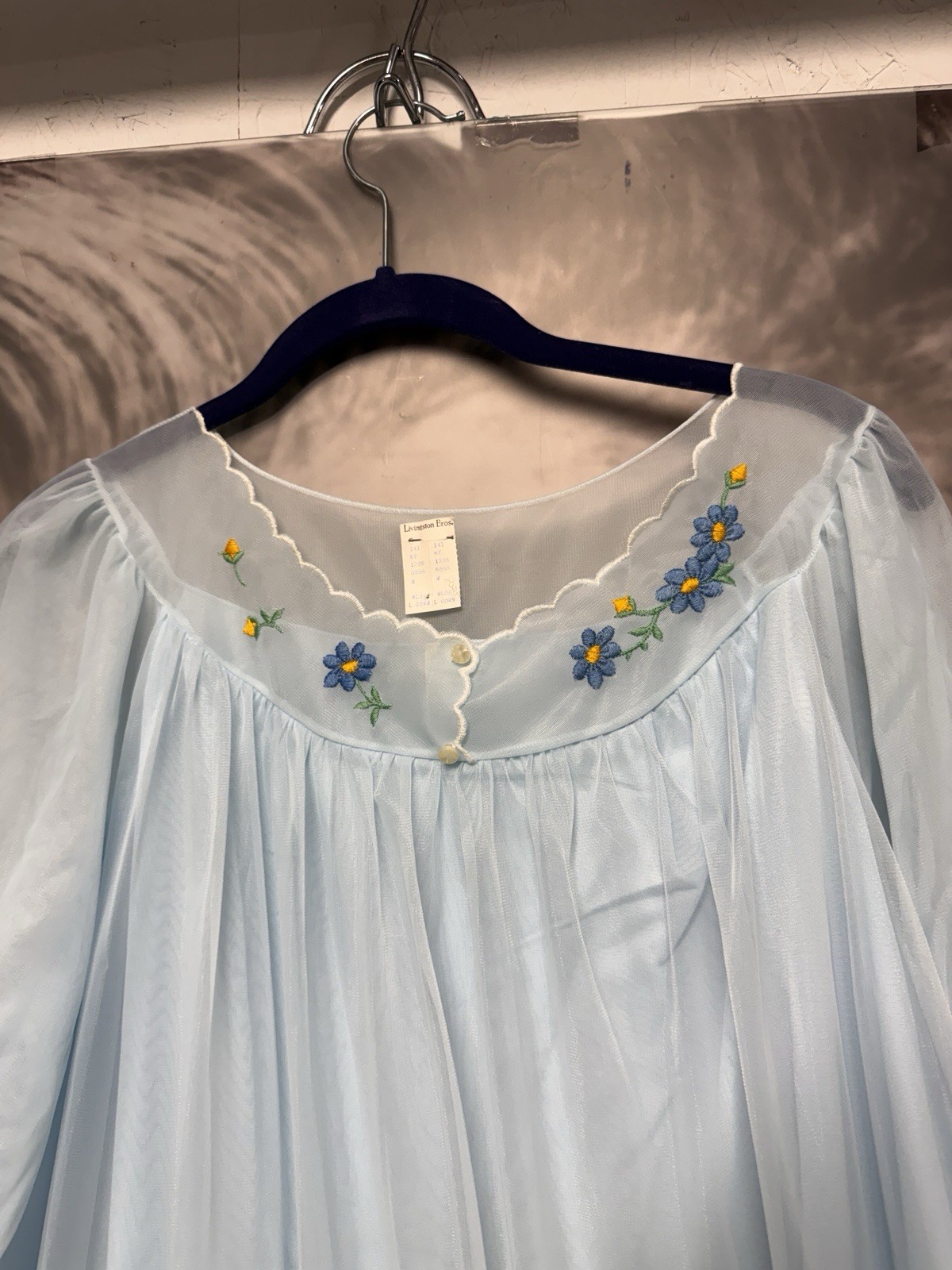 Vtg Shadow Line? Nightgown (M) Blue Silky Chiffon Nylon USA Long
