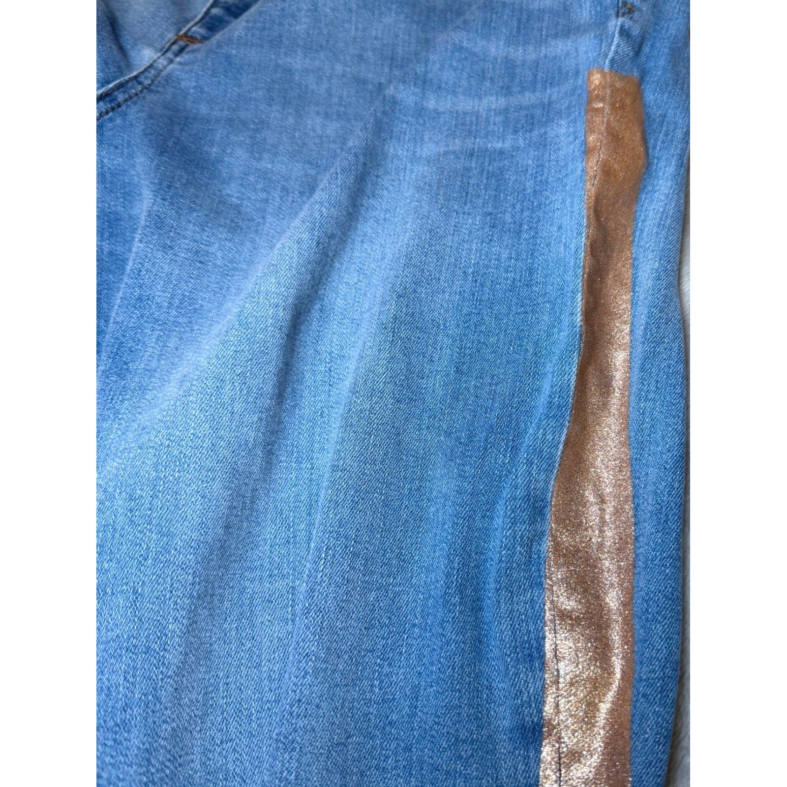 Gap 1969 Womens Size 32R True Skinny Ankle Jeans Blue Denim Gold Metallic Stripe