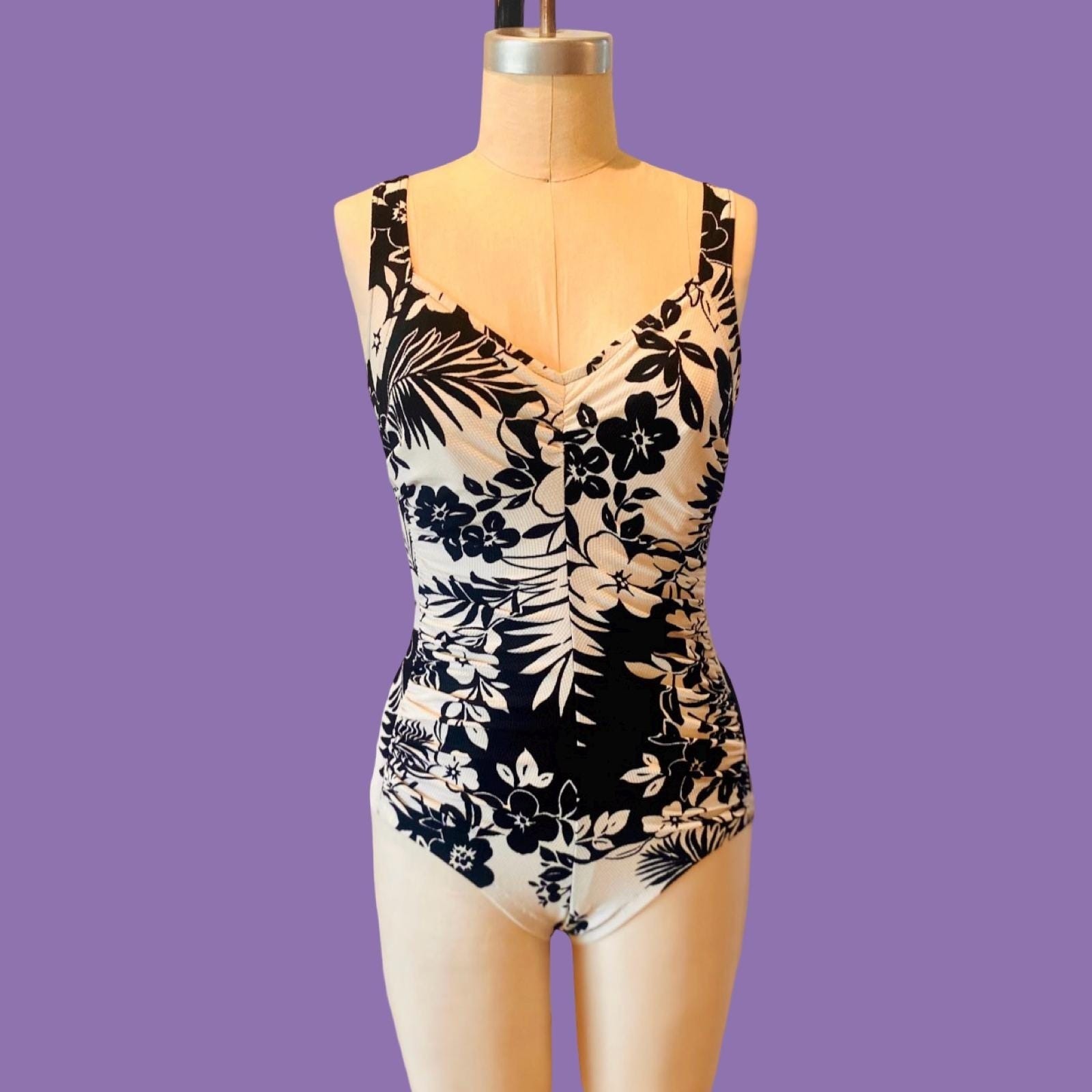 Vintage Black and White Floral Ruched One Piece Swimsuit, Size 8
