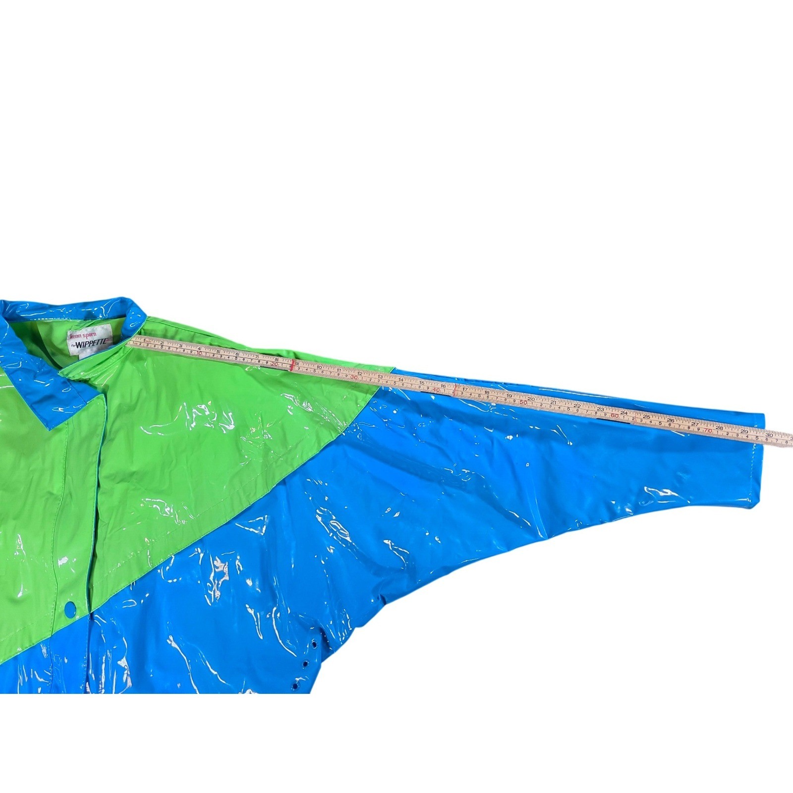 Vintage 80s Kenn Sporn for Wippette Vinyl Raincoat Jacket Neon Green Blue Medium