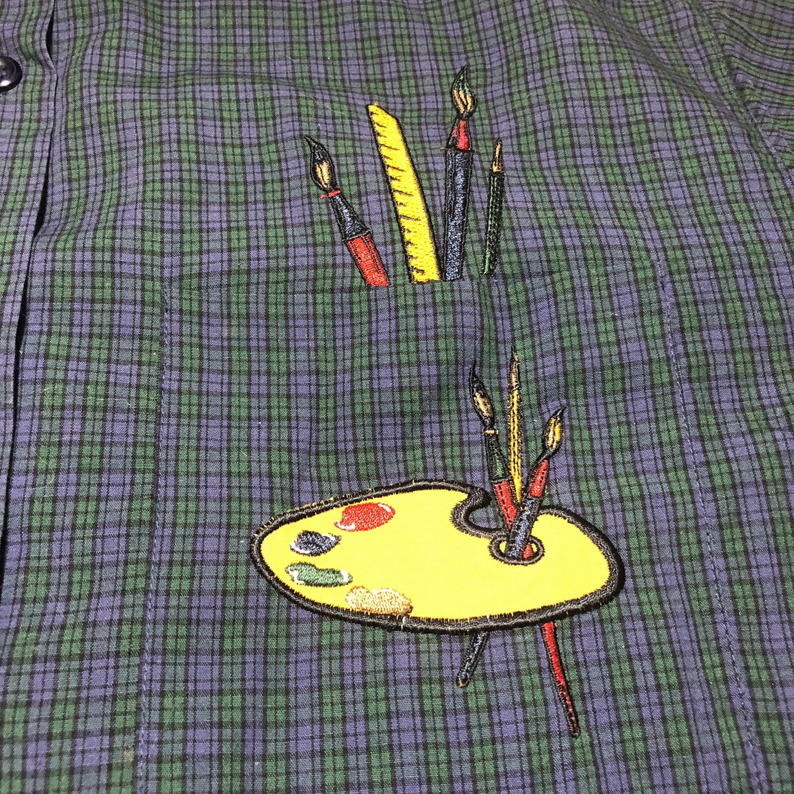 Vintage KAREN SCOTT 1980s Artist Paint Supplies Embroidered Shirt Blouse MEDIUM