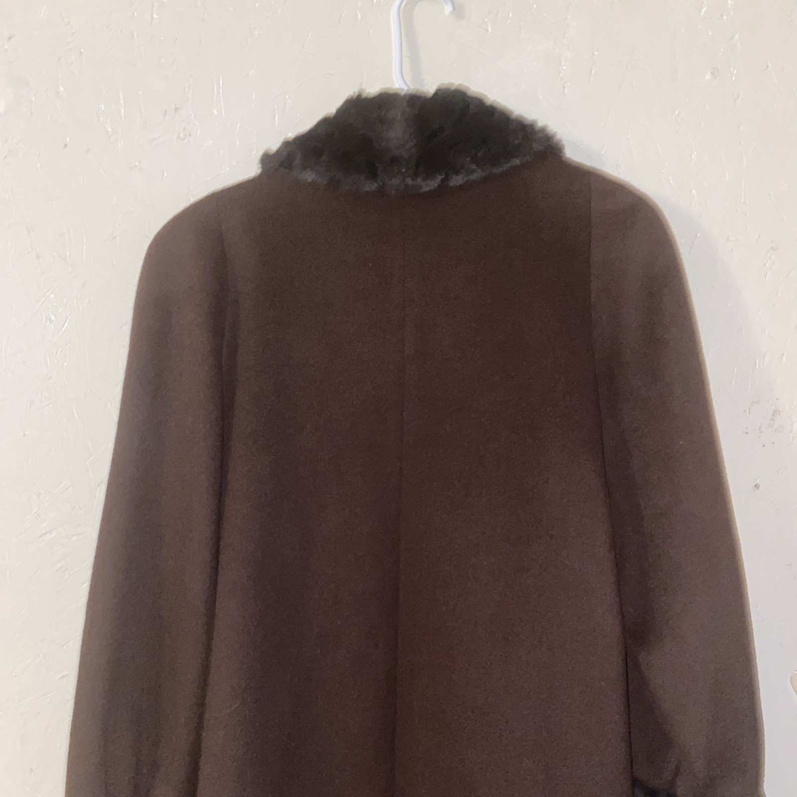 Alorna Brown Wool Coat with Black Faux Fur Trim, Vintage,75% Wool