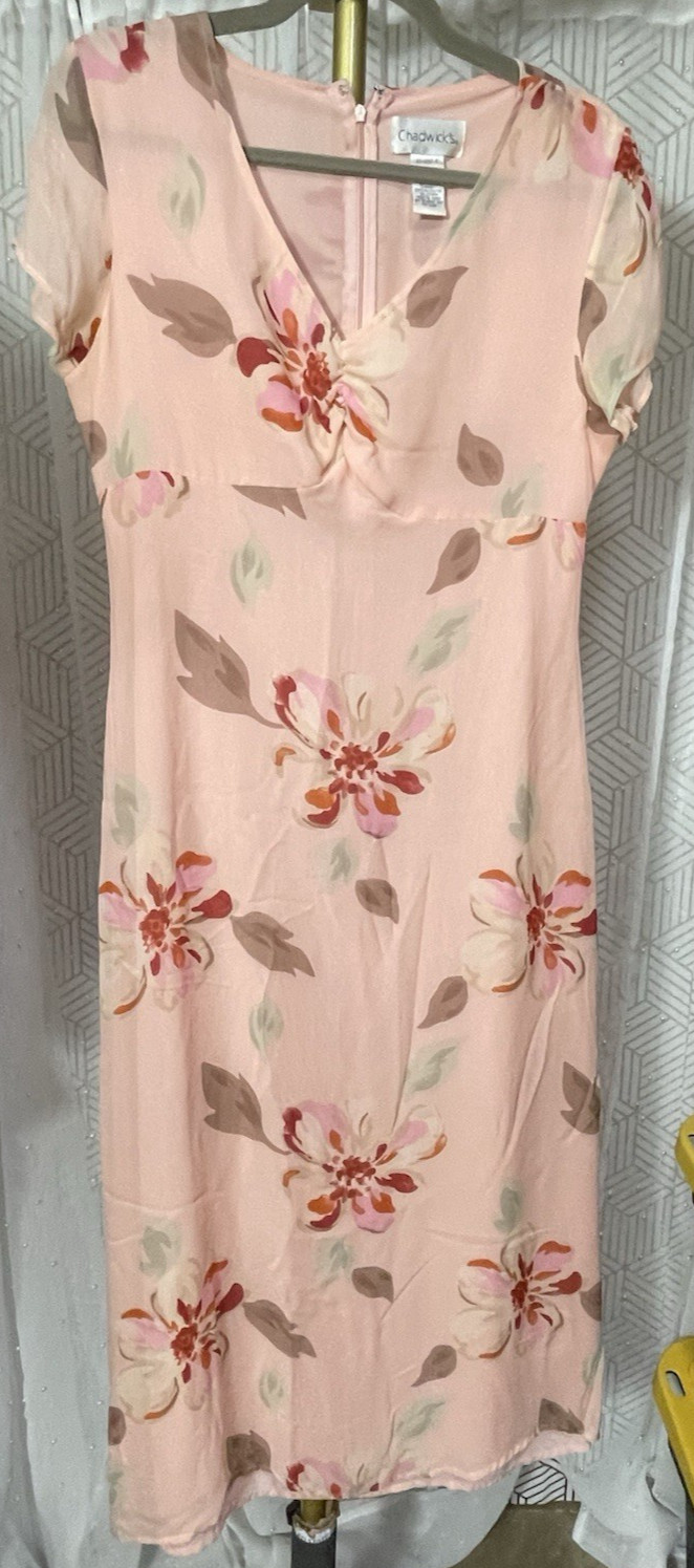 Vtg 90s Chadwicks Floral Silk Dress 8 Flutter Sleeve Ruffle Romantic Cottagecore