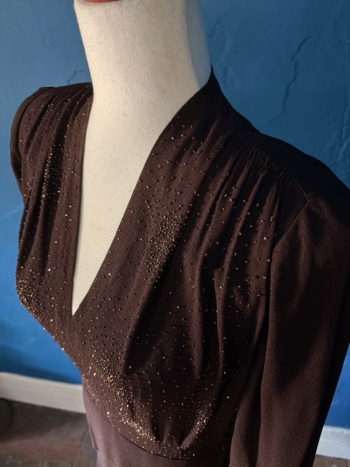 1940’s Rayon Beaded Crepe Chocolate Brown Dress By La Rue 28-29”