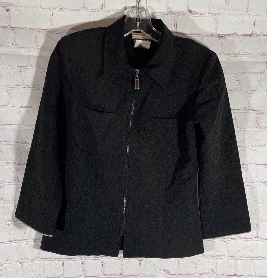 Vintage Expressions Full Zip Black Blazer With Green Houndstooth Cuffs Size 6