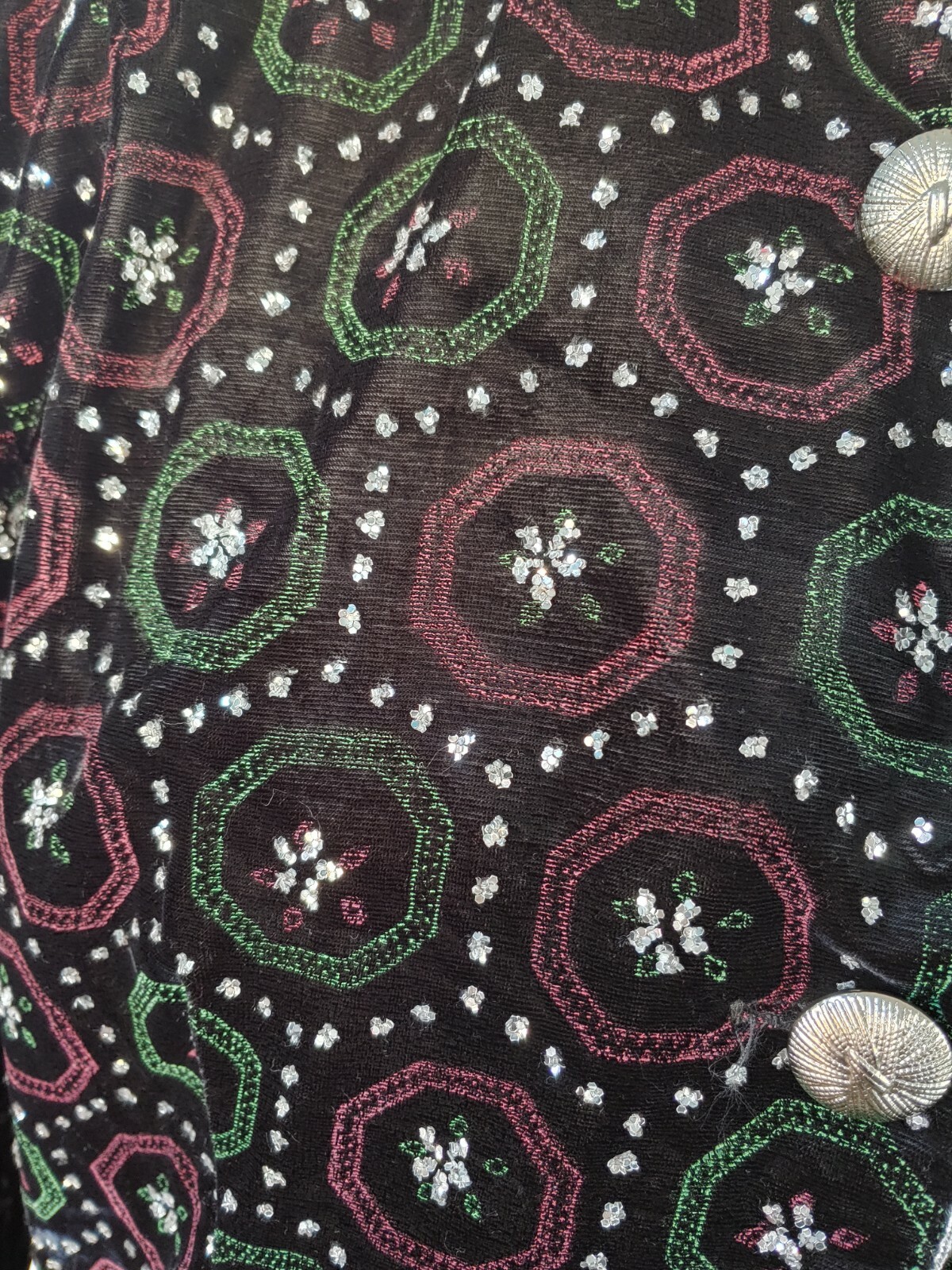 Vintage Ellen Ashley Black Velvet Jacket w Silver Trim & Rhinestones Size 12