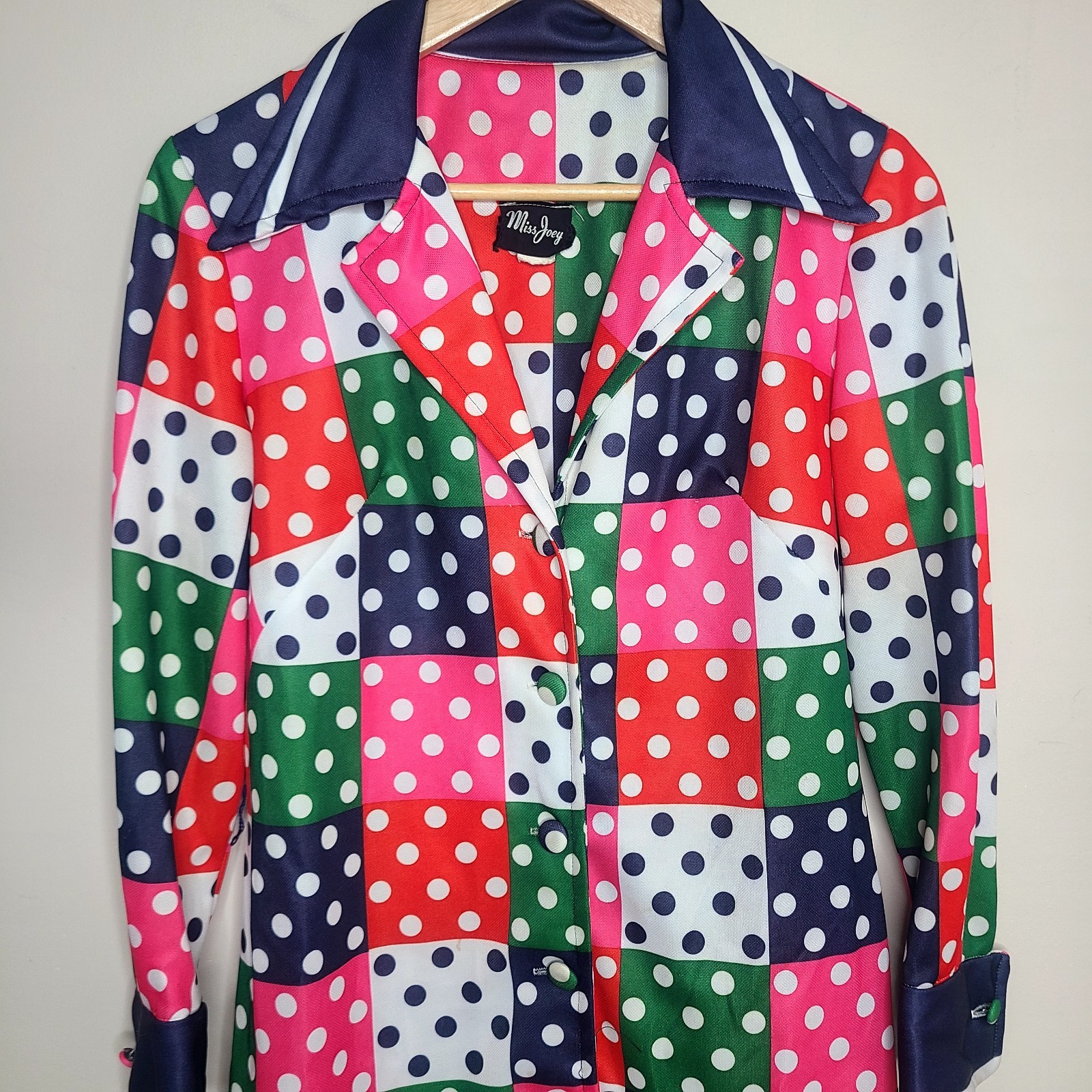 Vintage 70s Miss Joey Polka Dot Patchwork Dress Mod Disco Long Sleeve MCM