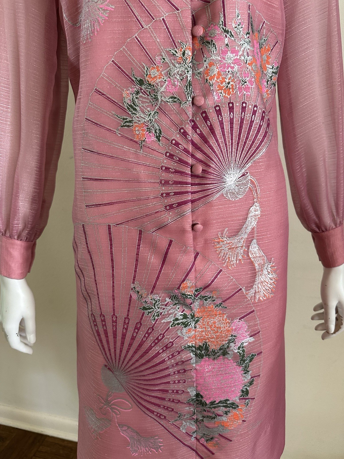 Vintage 60s 70s Alfred Shaheen Pink Fan Print Hostess Shift Dress Sheer Sleeve