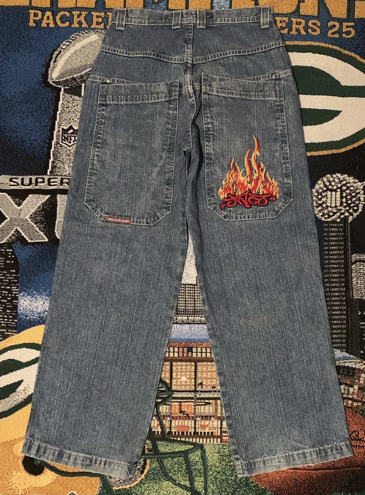 Vintage JNCO Embroidered Flame Fire Jeans 29×30 Baggy Wide Womens Size 18 Y2K