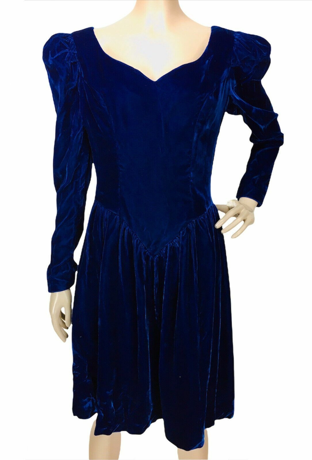 Vintage 70s Blue Jewel Tone Crushed Velvet Puff Sleeve Sheath Dress Medium