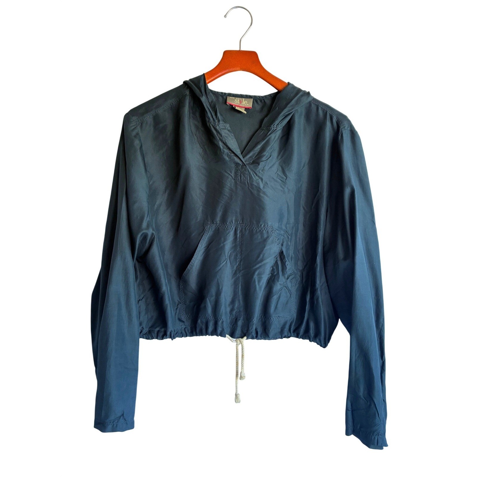 New York Style Vintage 100% Silk Black Hooded Anorak Pullover Jacket L *flaw*