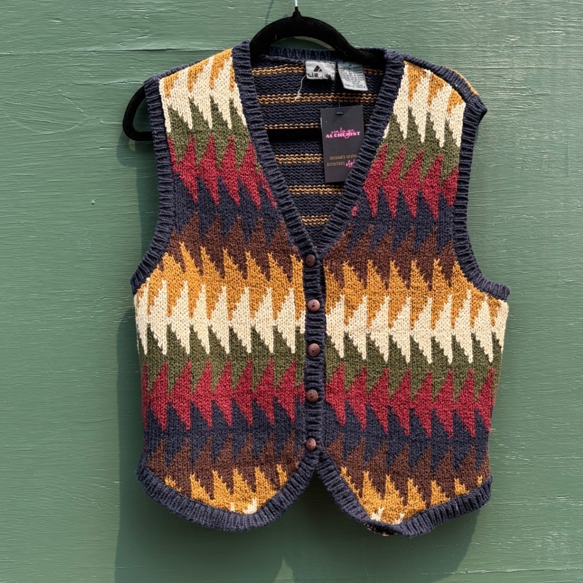 Lizwear Vintage 90s Cotton Knit Sweater Vest Zigzag Teacher Cottage Layers M