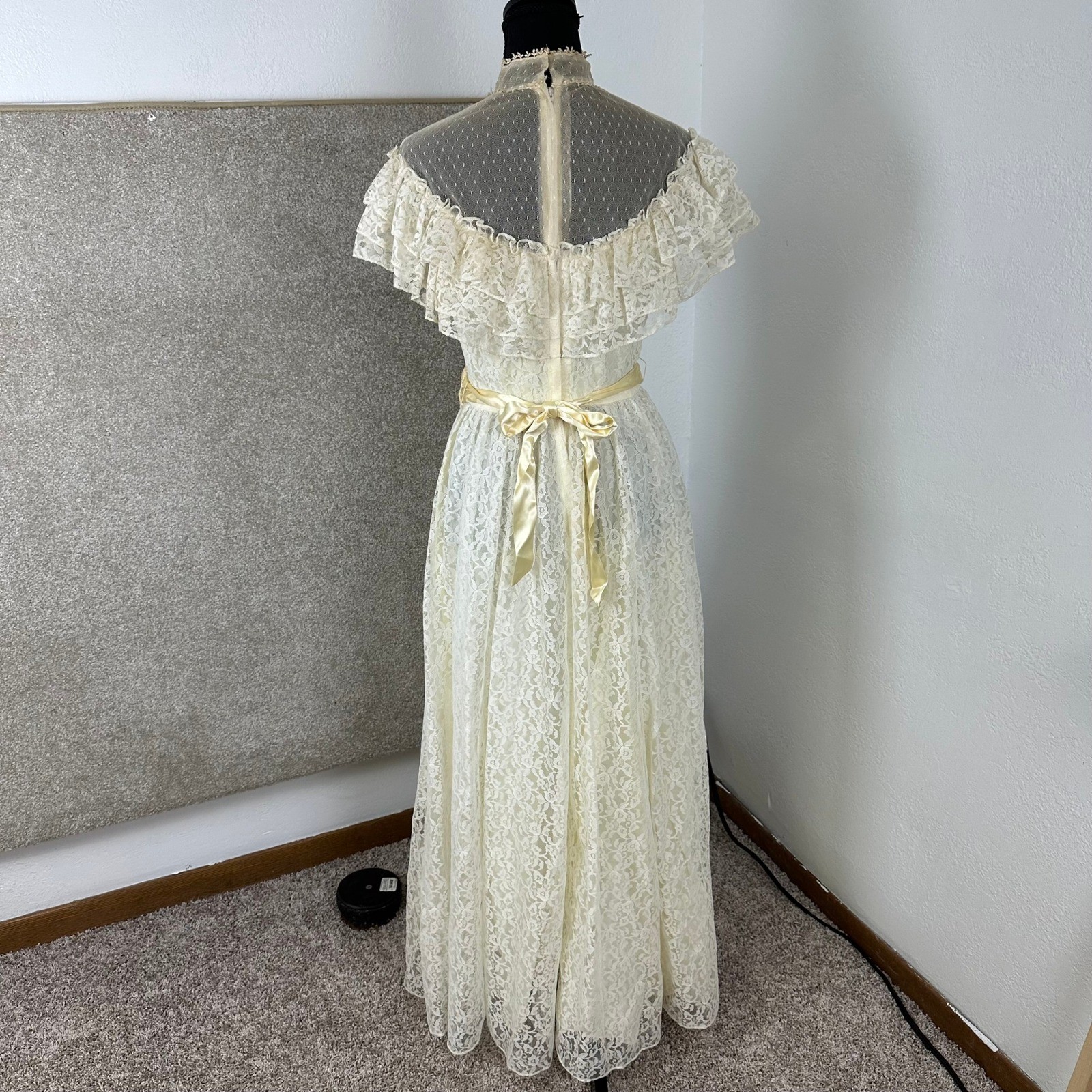 Vintage Candi Jones California Lace Maxi Dress Yellow Sash Victorian Prairie 9