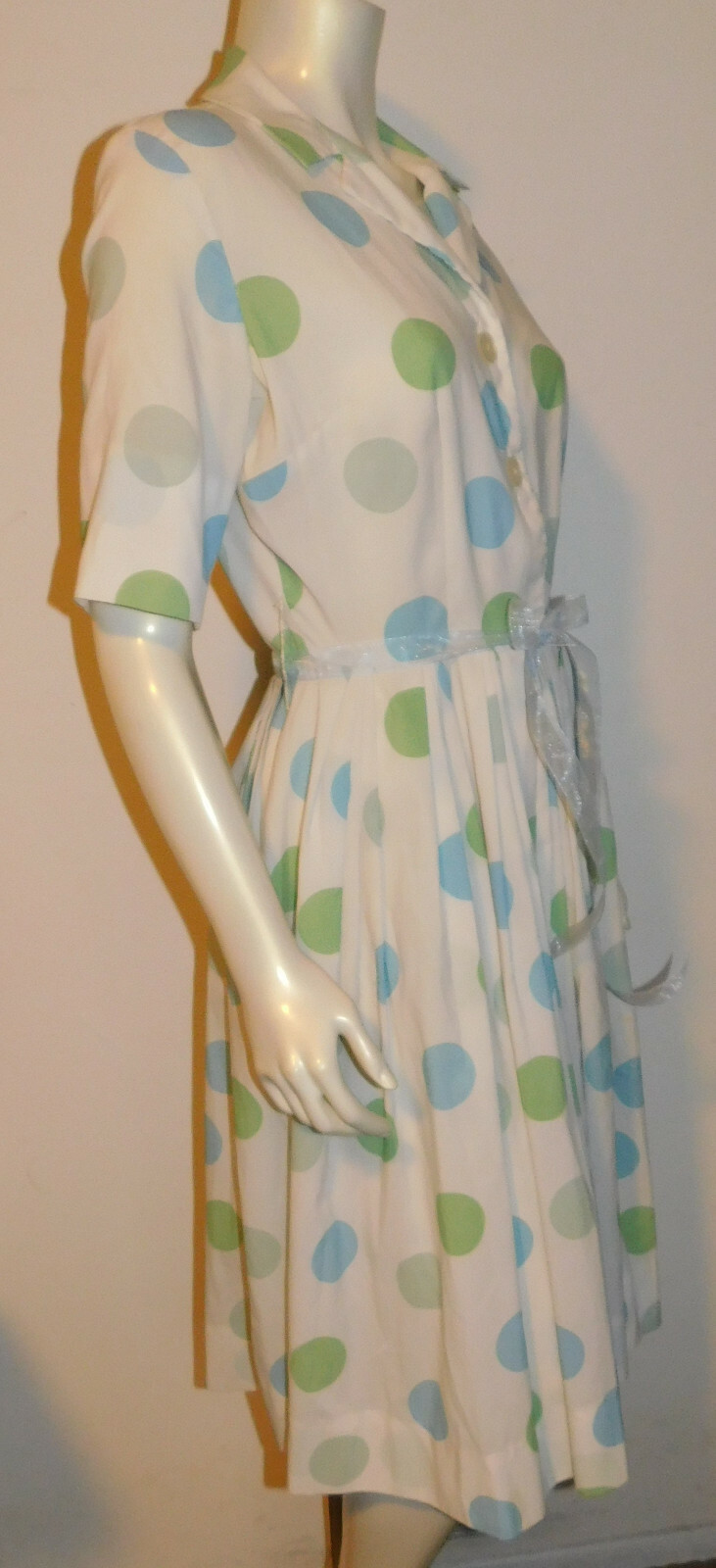 Polka Dot Vintage Dress 8 10 12 Fitted Blue Green SS Pleated Full Skirt Button