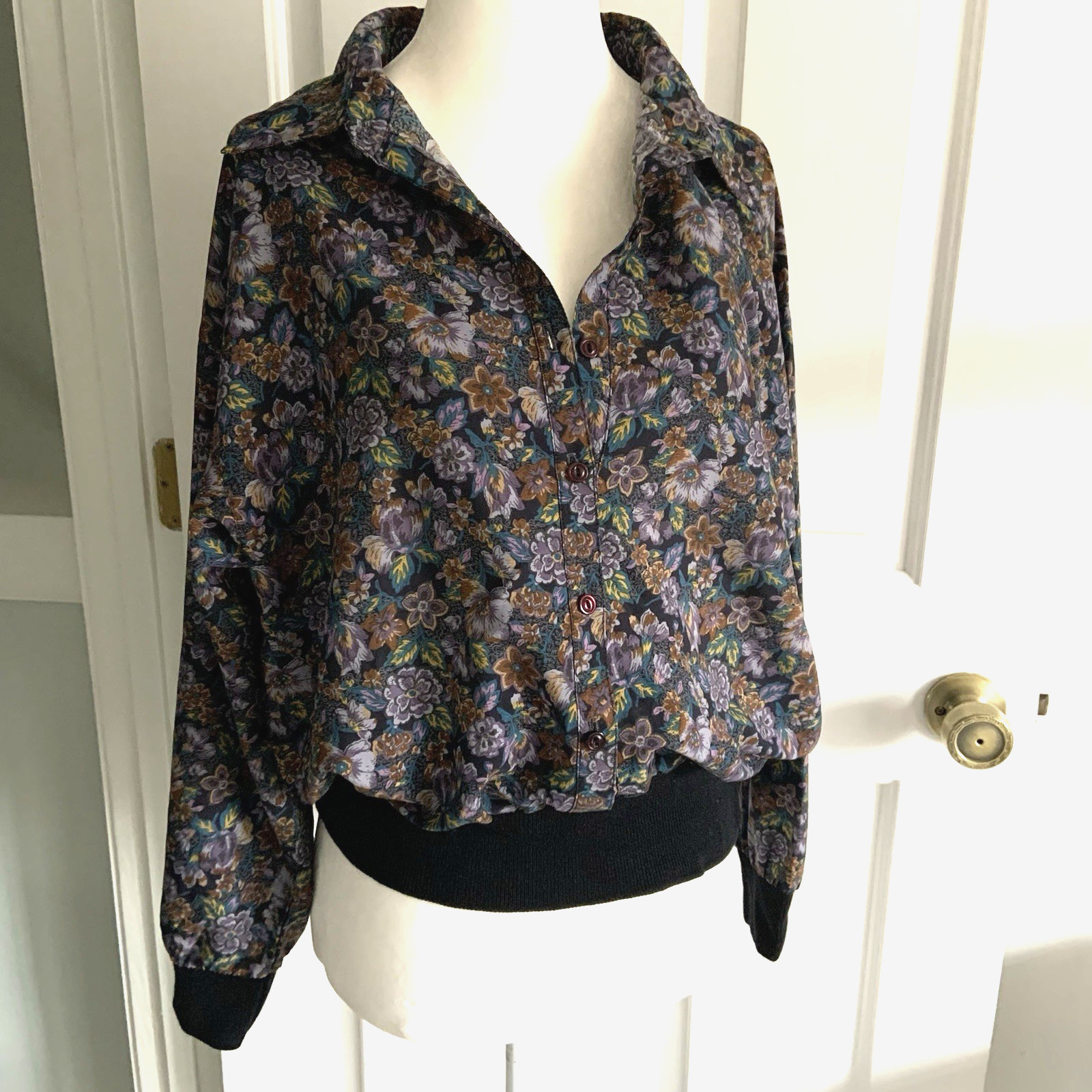 Vintage 70s ADAMO Silk Feel Button Front Blouse Dark Floral Elastic Waist Blouse
