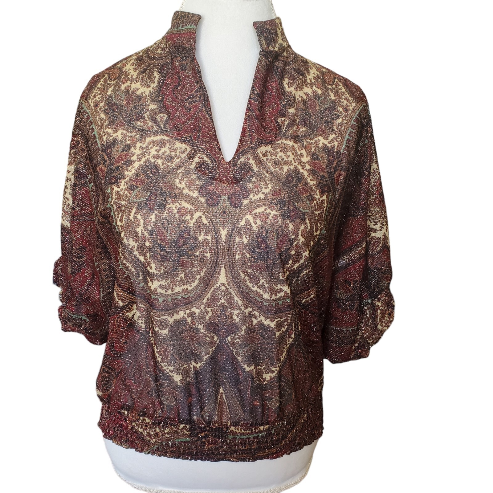 Vintage 70s Sparkly Burgandy Gold Brown Smocked Blouse Medium Semi-sheer Dolman