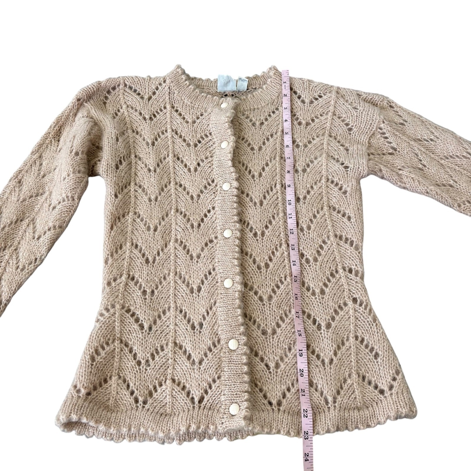 JG Hook Vintage Mohair Blend Pointelle Chevron Knit Cardigan Sweater Tan Pink S