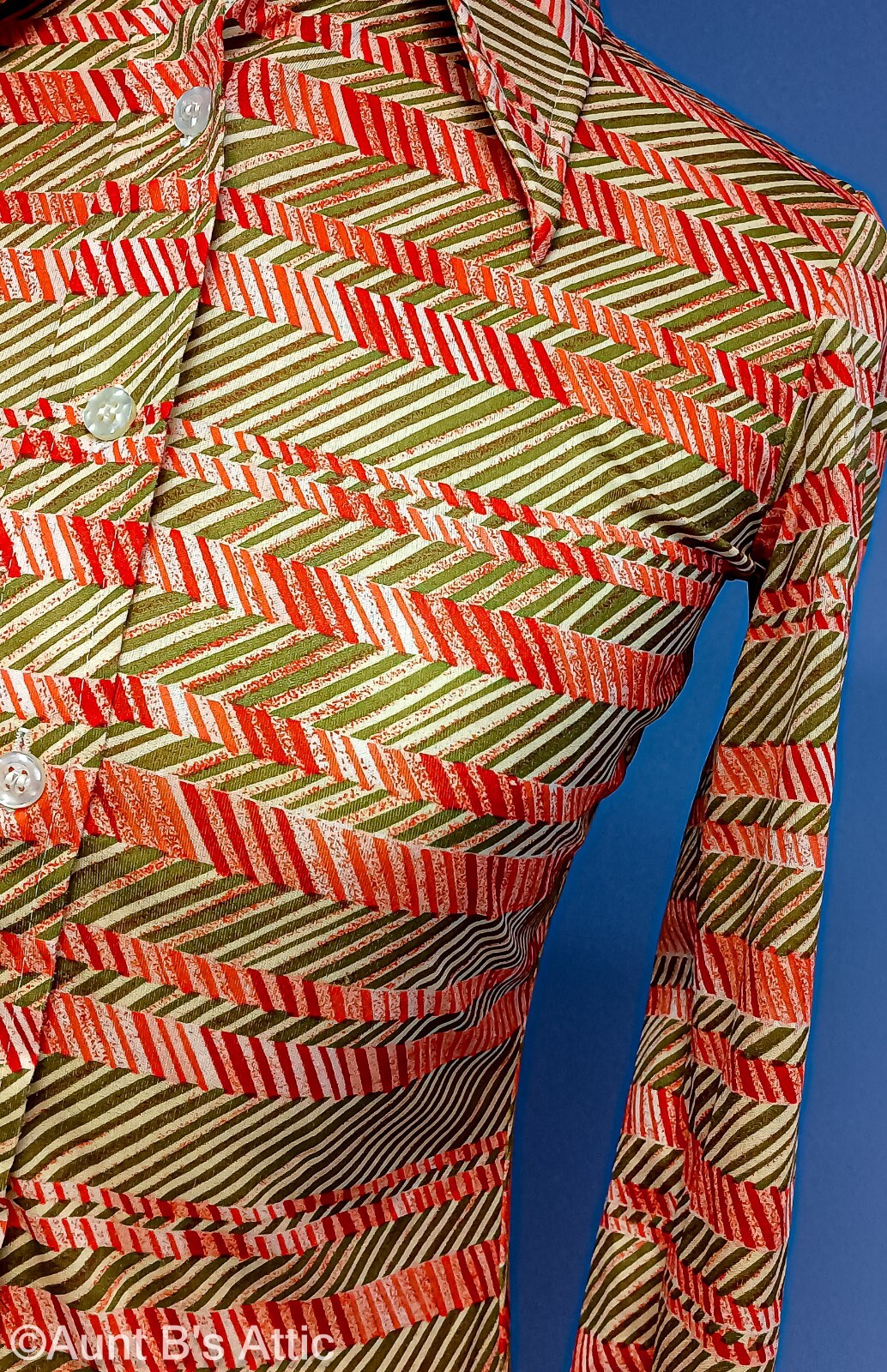 Vintage 70’s Ladies RT Burnt Orange/Olive Green Stripe Polyester LS Blouse XXS