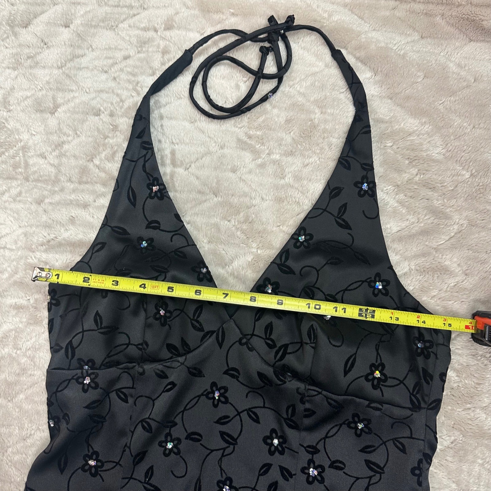 City Triangles Vintage Y2K Black Flocked Floral Rhinestone Halter Dress Sz 9/10