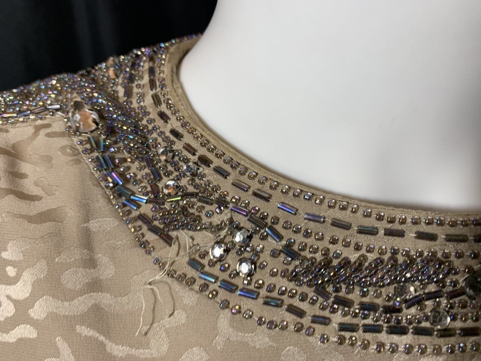 Vintage Heavy Beaded Dynasty Taupe Silk Dress Designer D’ore Animal Print Sz 14