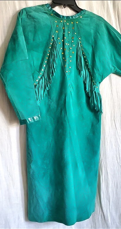 VTG 80s Suede Leather Western Turquoise Statement Dress Nail Heads Rhinestones M