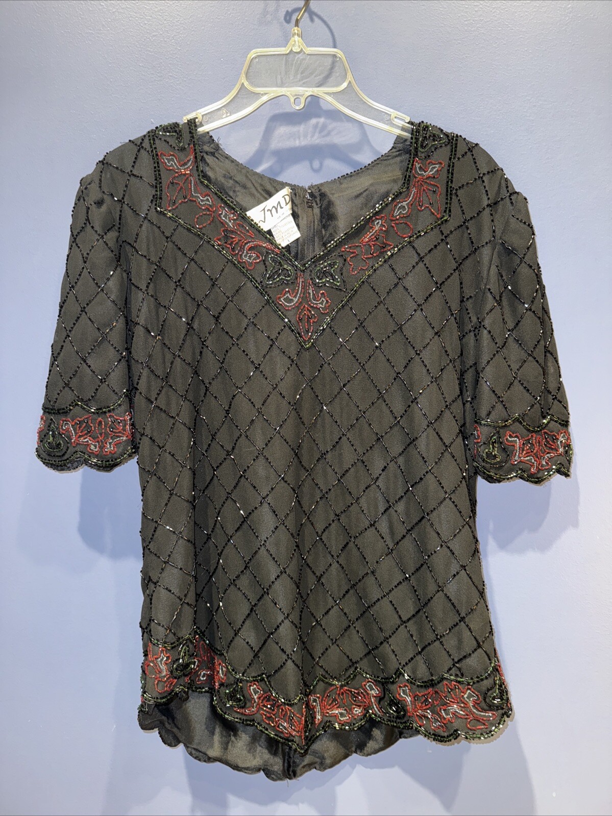 Large Hand Beaded Formal Blouse, Black Red Green, Vintage JMD New York NWT Flaw