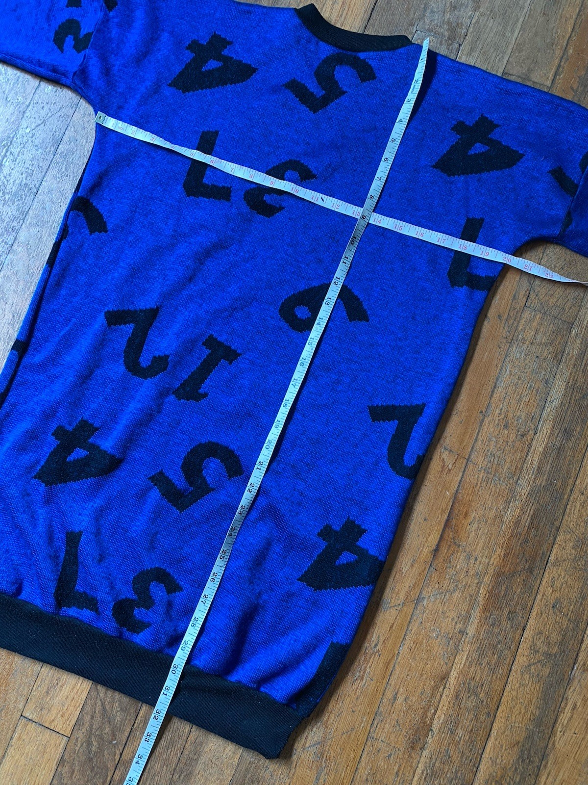 Vtg 80s Sears Graphic Number Knit Sweater Dress Small Blue Black New Wave USA