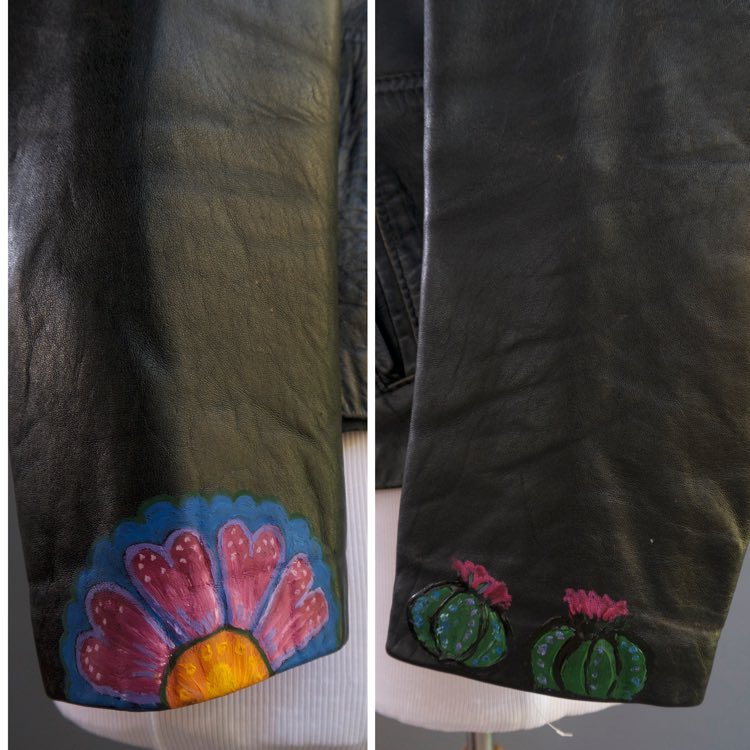 VTG Black Leather Jacket Mexican Day Of The Dead Applique Hand Painted S M