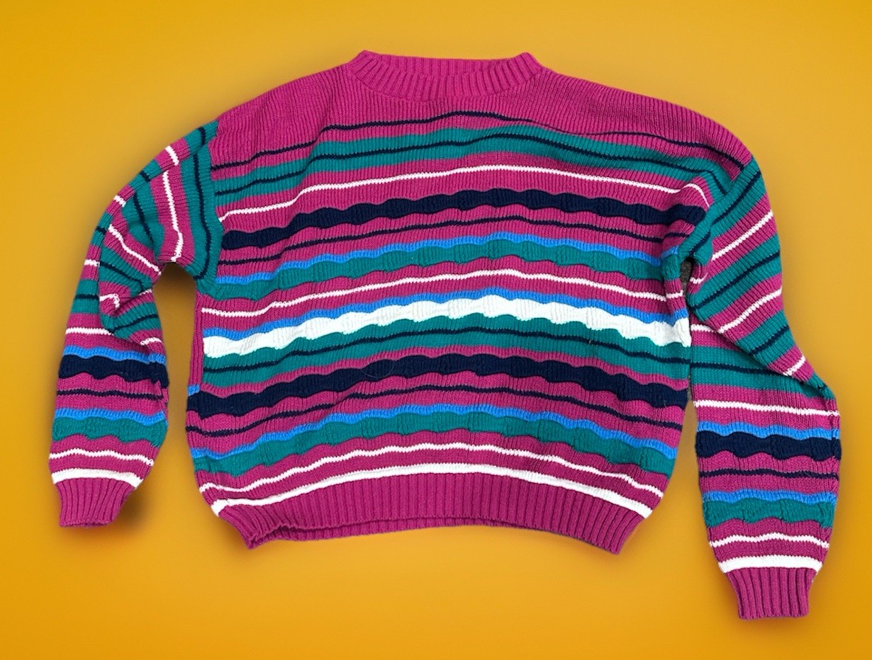 Vintage Large Women’s L Cabin Creek Pink Multi Color Stripe Sweater 80’s/90’s