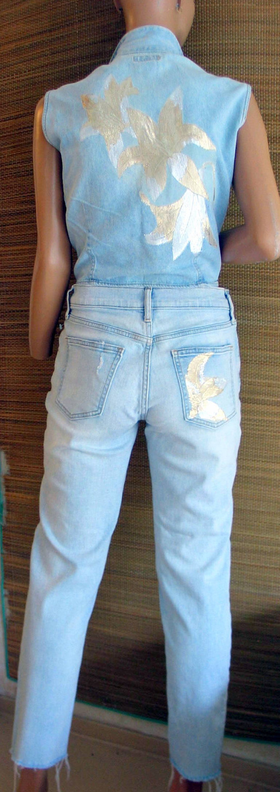 Embellished matching VTG denim Gap skirt and jeans + Union Bay vest set, sz S/M