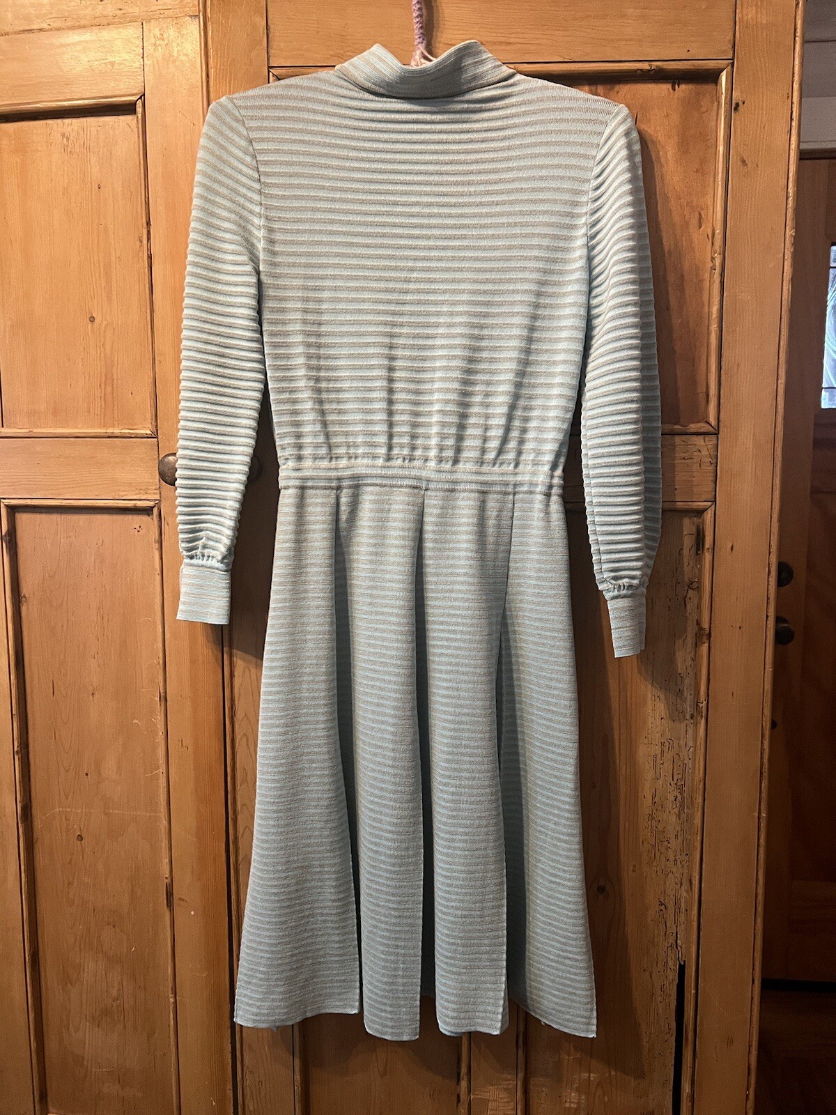 Vintage Nylon Knit Sky Blue/Grey Stripe Dress 50’s Lg Pleat W/ Draw String Waist
