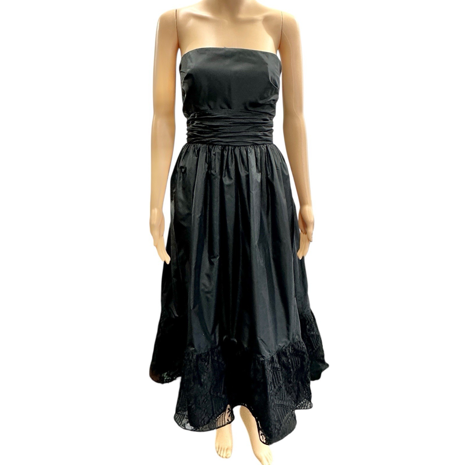 Vtg Sara Fredericks Black Strapless Taffeta & Lace Dress w/Lace Top S/M /cb