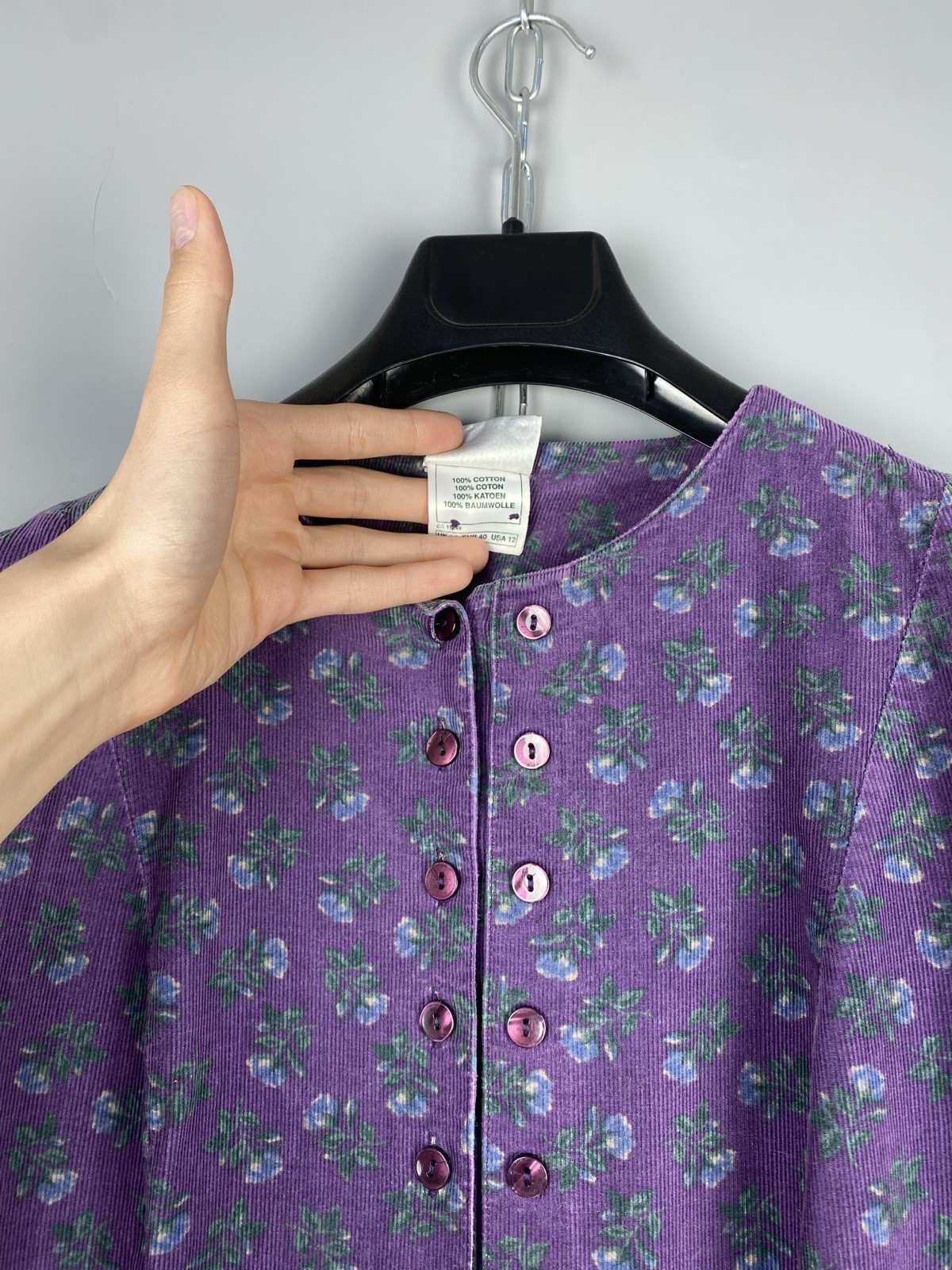 Vintage 80s Laura Ashley Dress Cotton Corduroy Floral Long Sleeve Size M EU 40