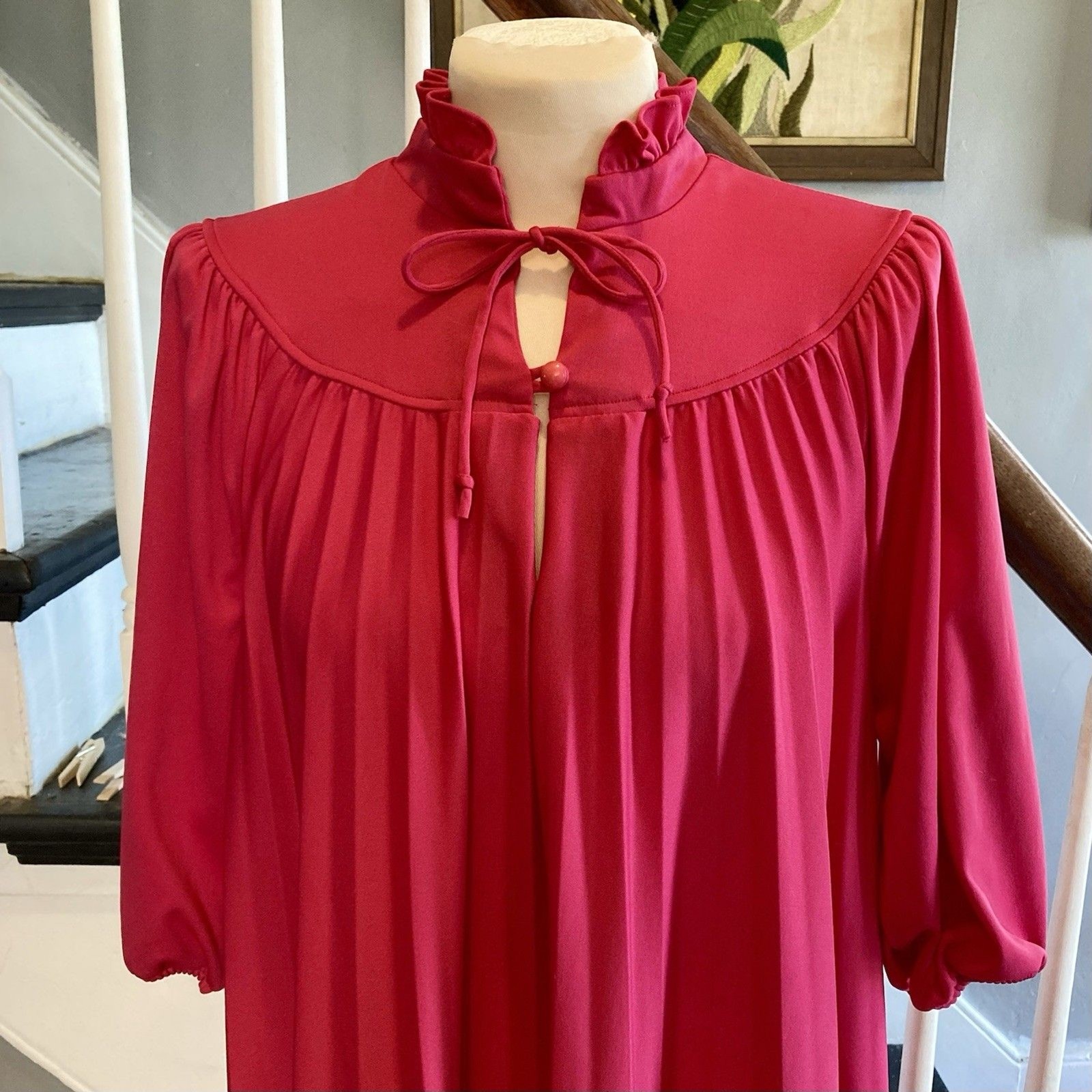 1970s 1980s Knit Lounge Trapeze Dress Hot Pink Fuchsia Pleated Tent Dress