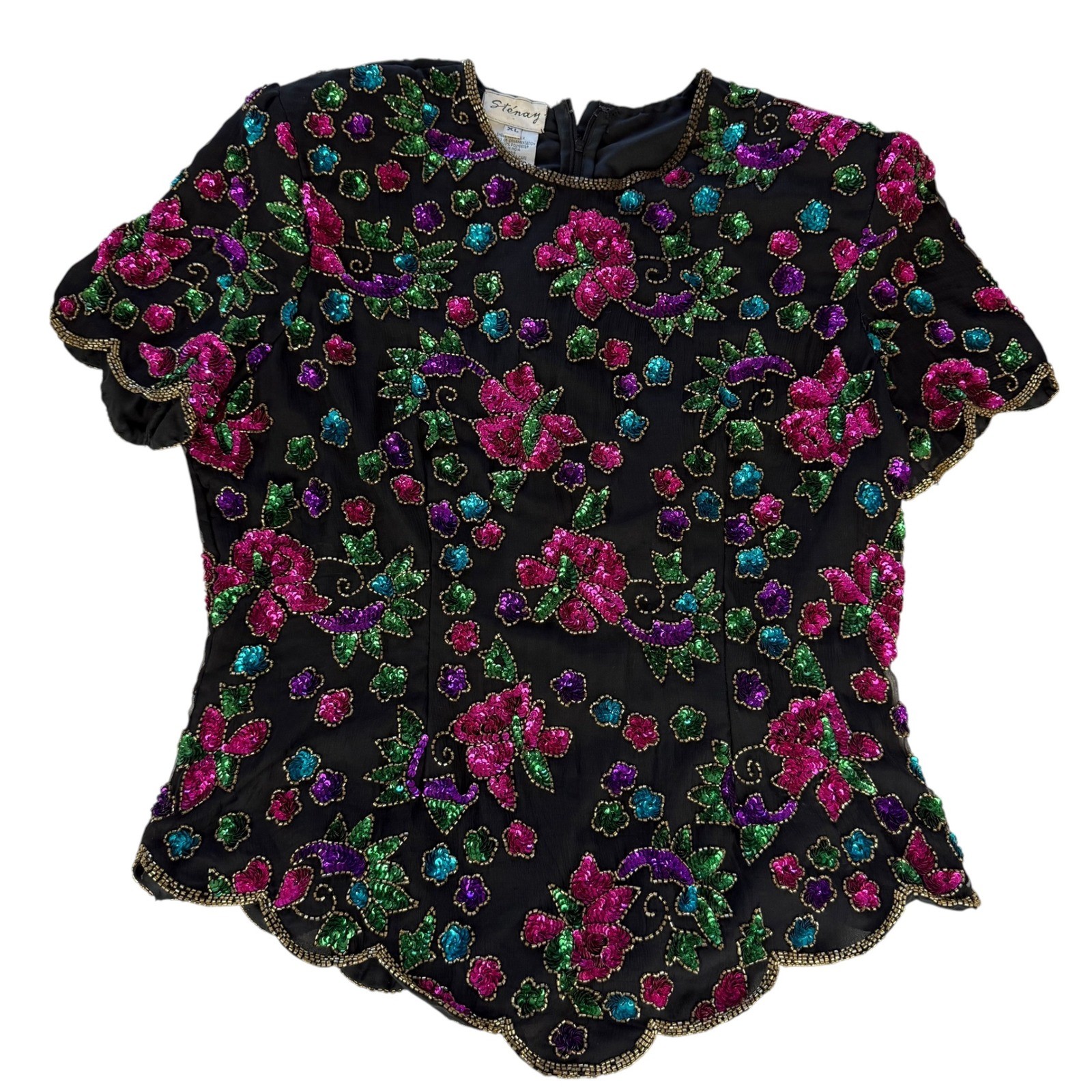 Stenay Vintage Silk Sequin Floral Beaded Evening Blouse Black XL Scalloped Hem