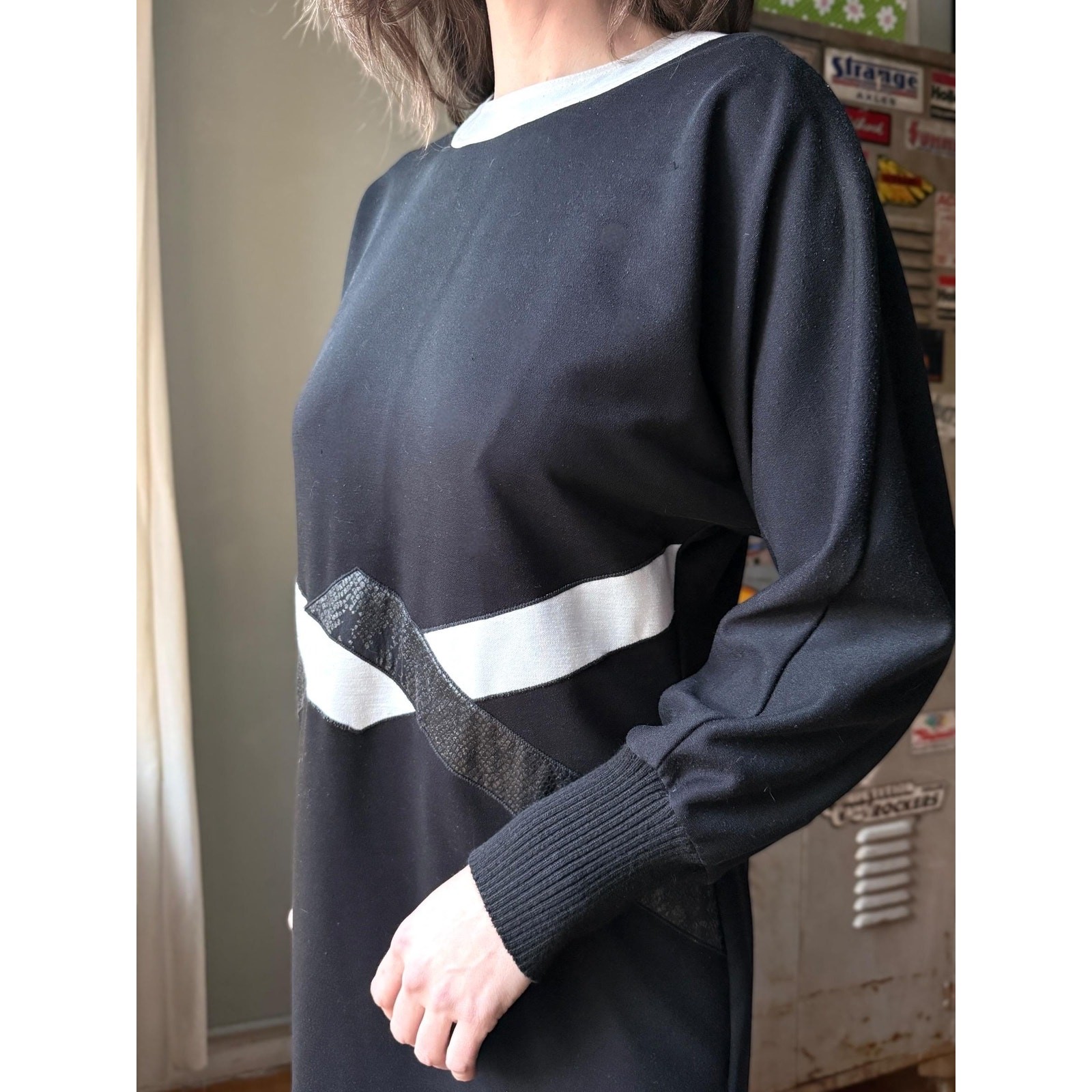 Vintage 70s Leslie Fay Knit Midi Dress | Black White Graphic | Size 14
