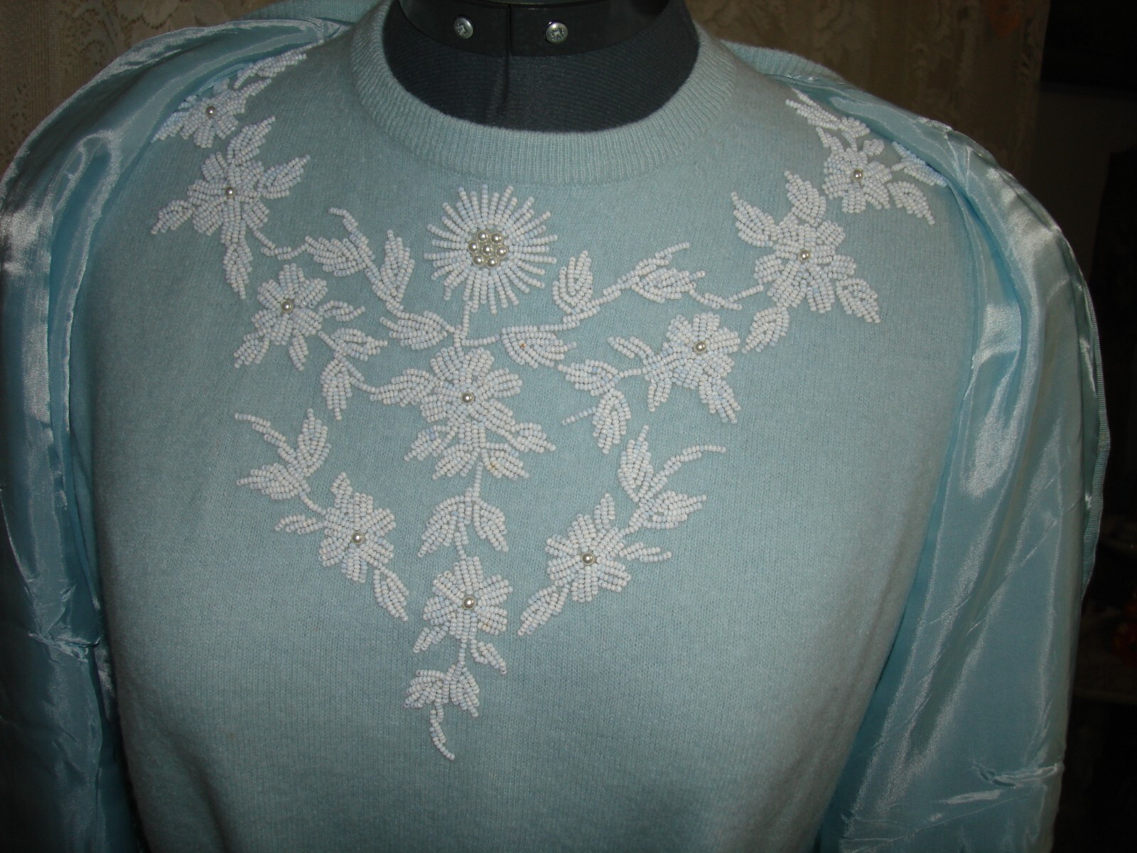 Vtg 50s Prince Beautiful Unique Set Dress Sweater Ice Baby Blue White Beaded M