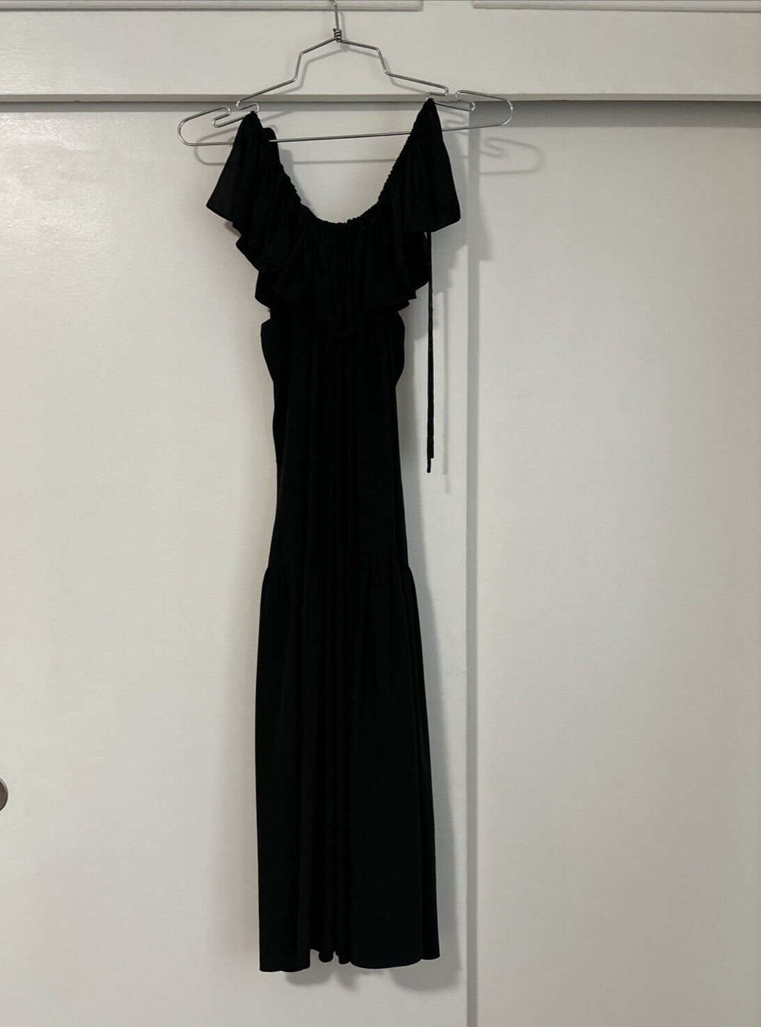 VINTAGE MAGGIE LONDON BLACK SILK DRAPED DRESS WITH SLITS